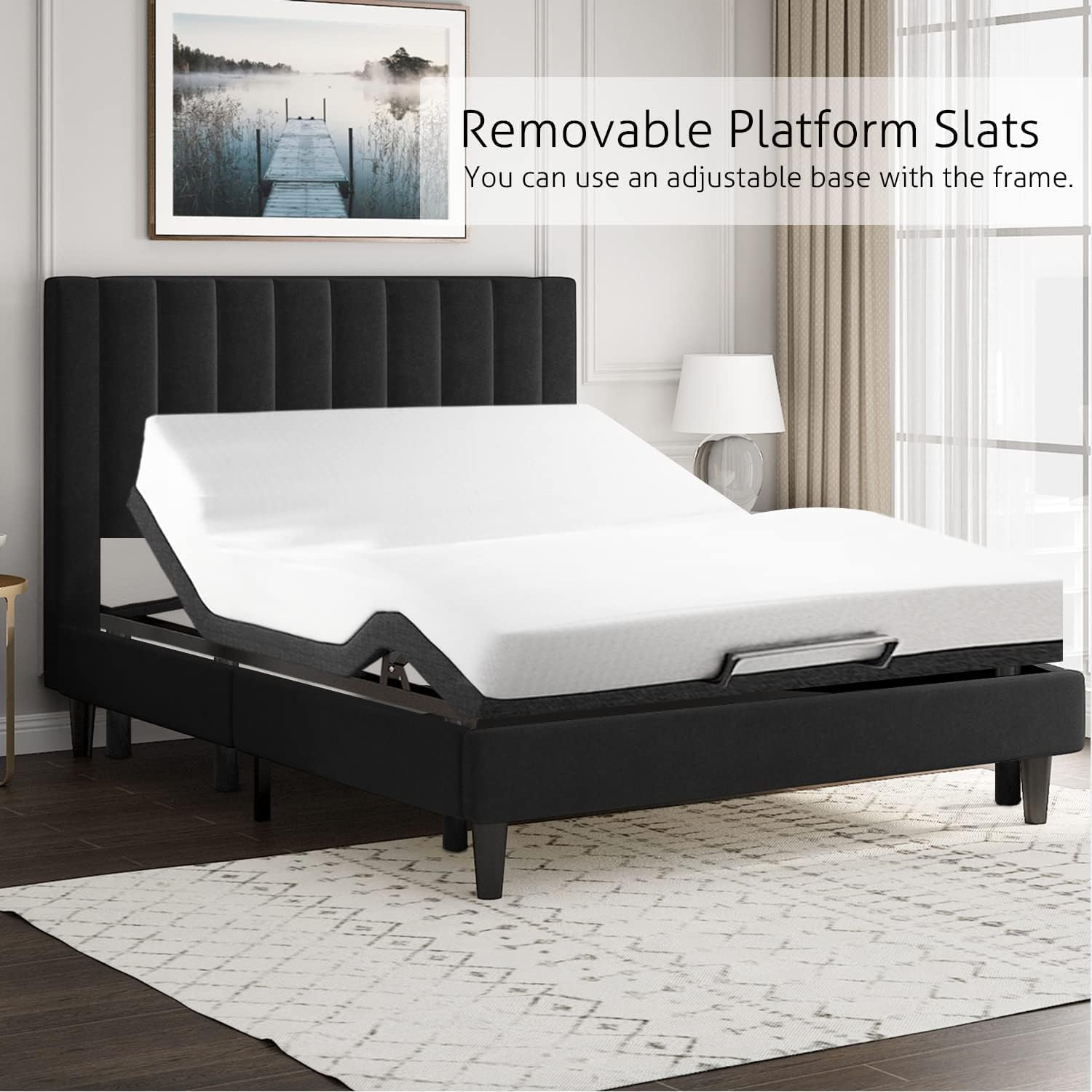 SHA CERLIN Queen Bed Frame/Velvet Upholstered Platform Bed Frame with Headboard/Strong Wood Slats Support/Mattress Foundation/No Box Spring Needed - Black-6