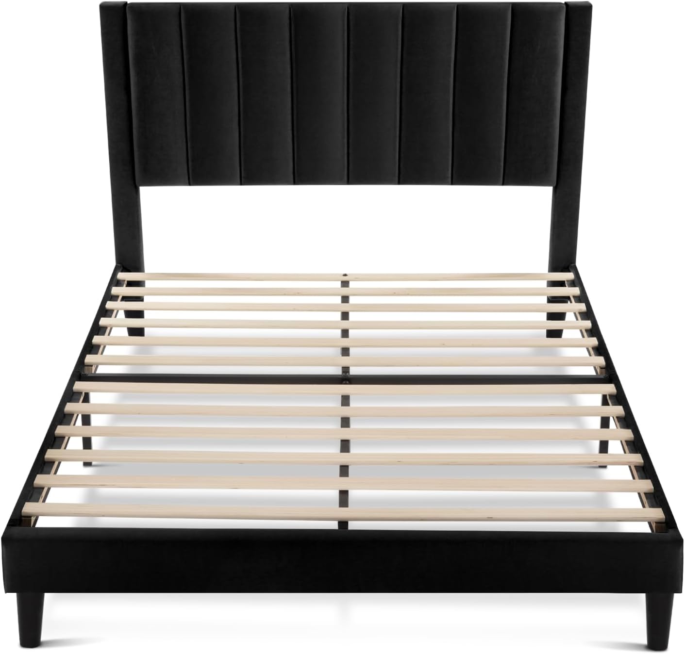 SHA CERLIN Queen Bed Frame/Velvet Upholstered Platform Bed Frame with Headboard/Strong Wood Slats Support/Mattress Foundation/No Box Spring Needed - Black-8