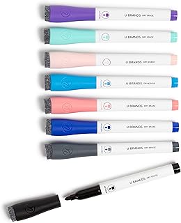 U Brands Dry Erase Markers with Erasers, Set of 8, Assorted Pastel Colors, Low-Odor, Medium (2 mm) Point