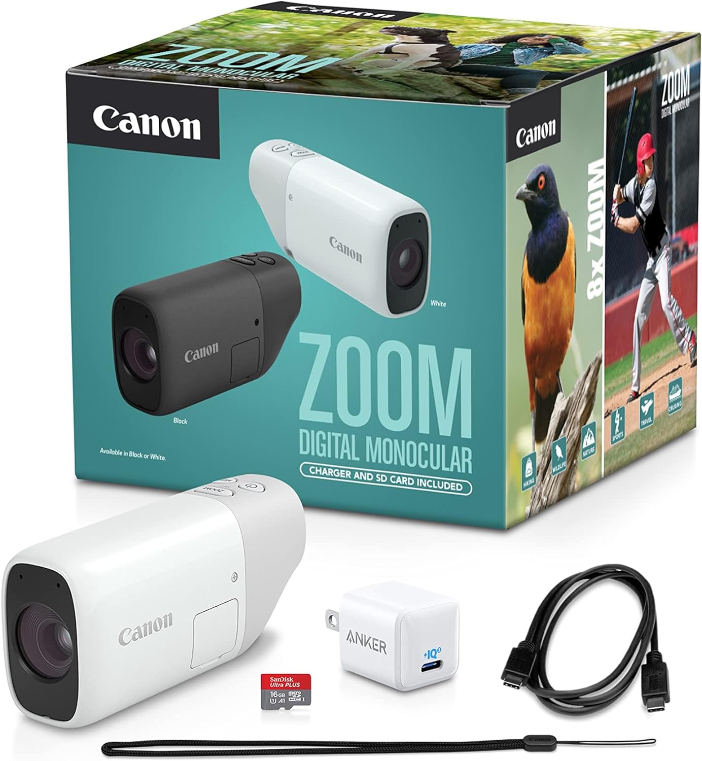 Canon Zoom Digital Monocular Kit with USB-C Charger, microSD Card, PowerShot Zoom, 400mm Optical Zoom, 800mm Digital Zoom, Bird Watching, Wildlife, Sports Watching, Traveling, Hiking, White-0