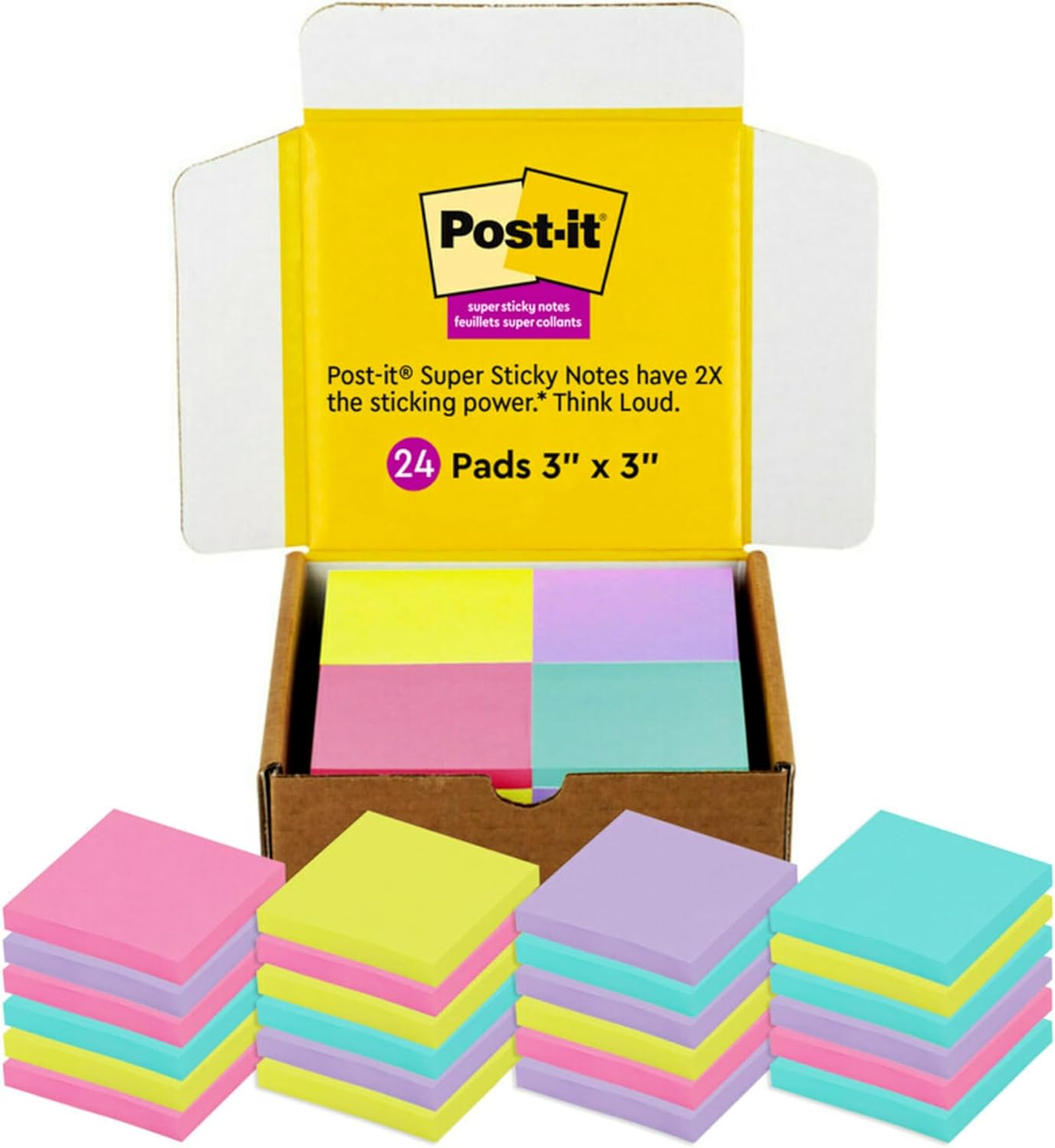 Post-it Super Sticky Notes, 3x3 in, 24 Pads/Pack, 70 Sheets/Pad, Amazon Exclusive Bright Color Collection, Aqua Splash, Acid Lime, Tropical Pink and Iris Infusion-0