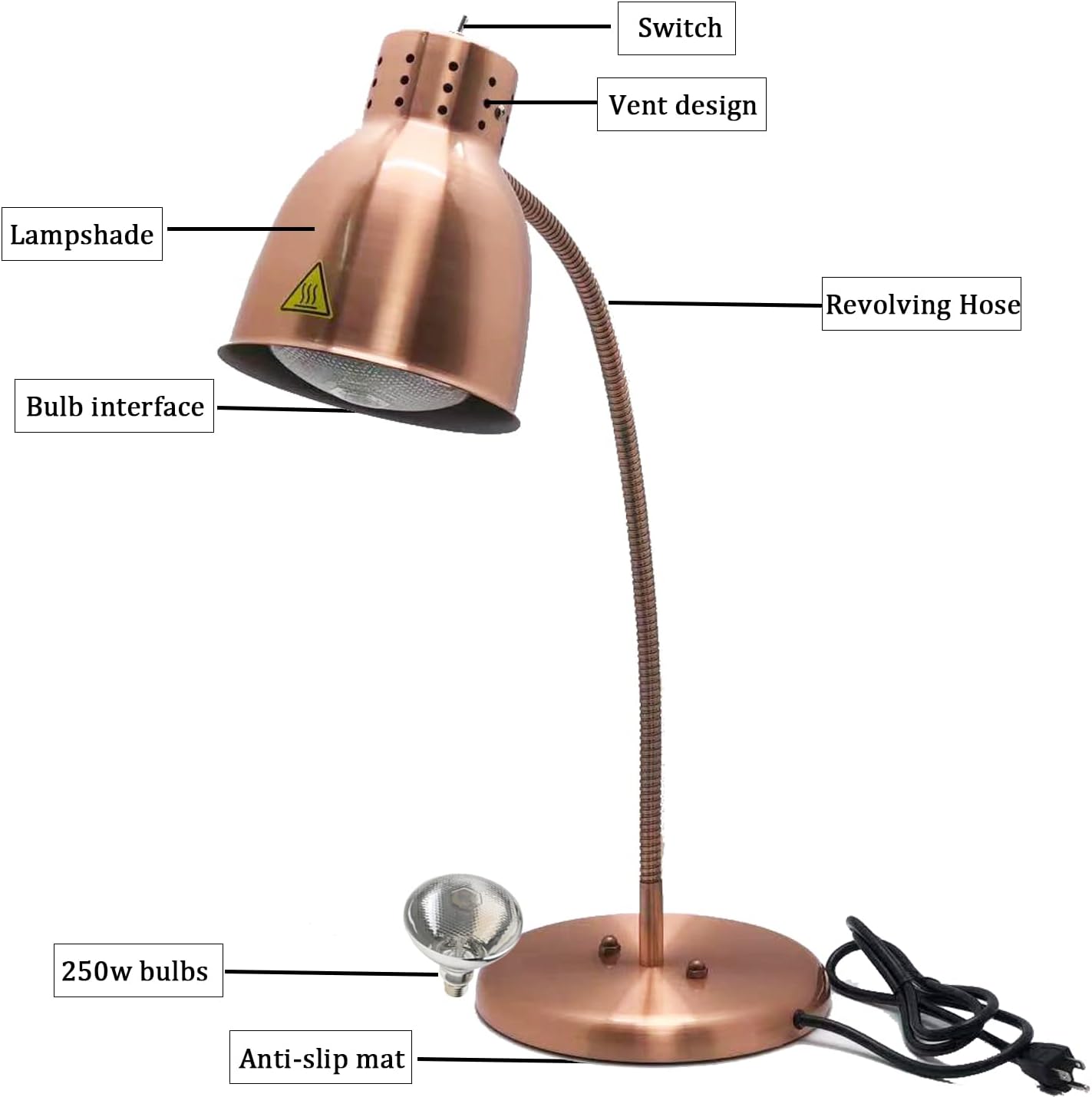 Countertop Food Heat Lamp Infrared Food Warmer Copper Food Lamps with 250 Watt Heating Bulb-2