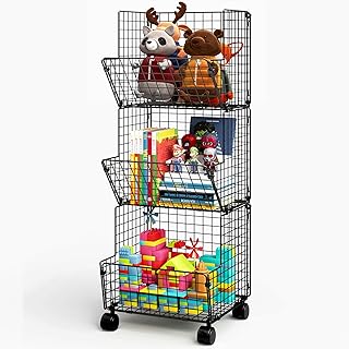 3 Tier Rolling Wire Toy Organizer Basket - with Wheel, S-Hooks, Adjustable Chalkboards - Toy Storage Cart Wall Bookshelf for Kids Room, Playroom, Bedroom