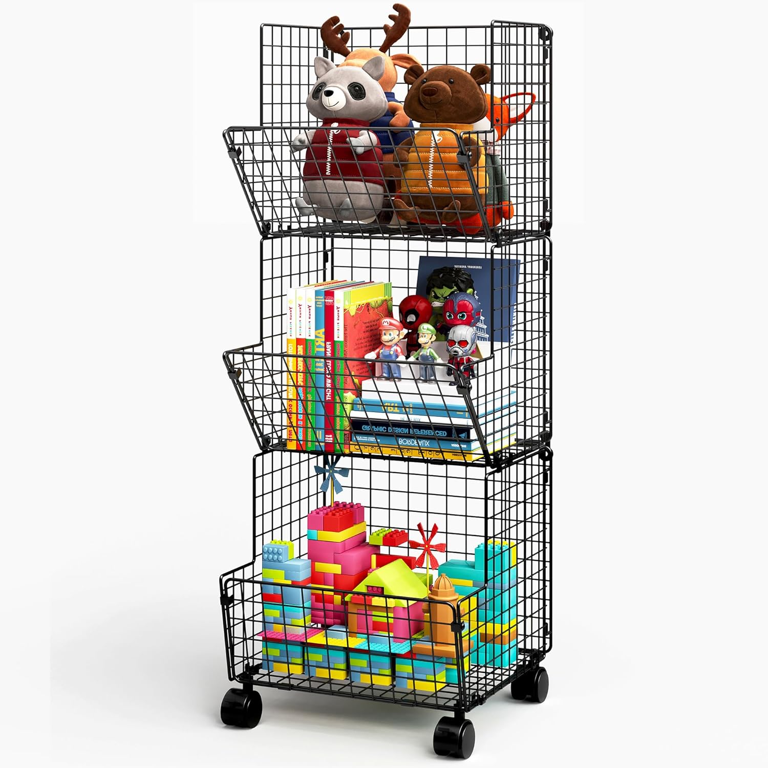 3 Tier Rolling Wire Toy Organizer Basket - with Wheel, S-Hooks, Adjustable Chalkboards - Toy Storage Cart Wall Bookshelf for Kids Room, Playroom, Bedroom-0