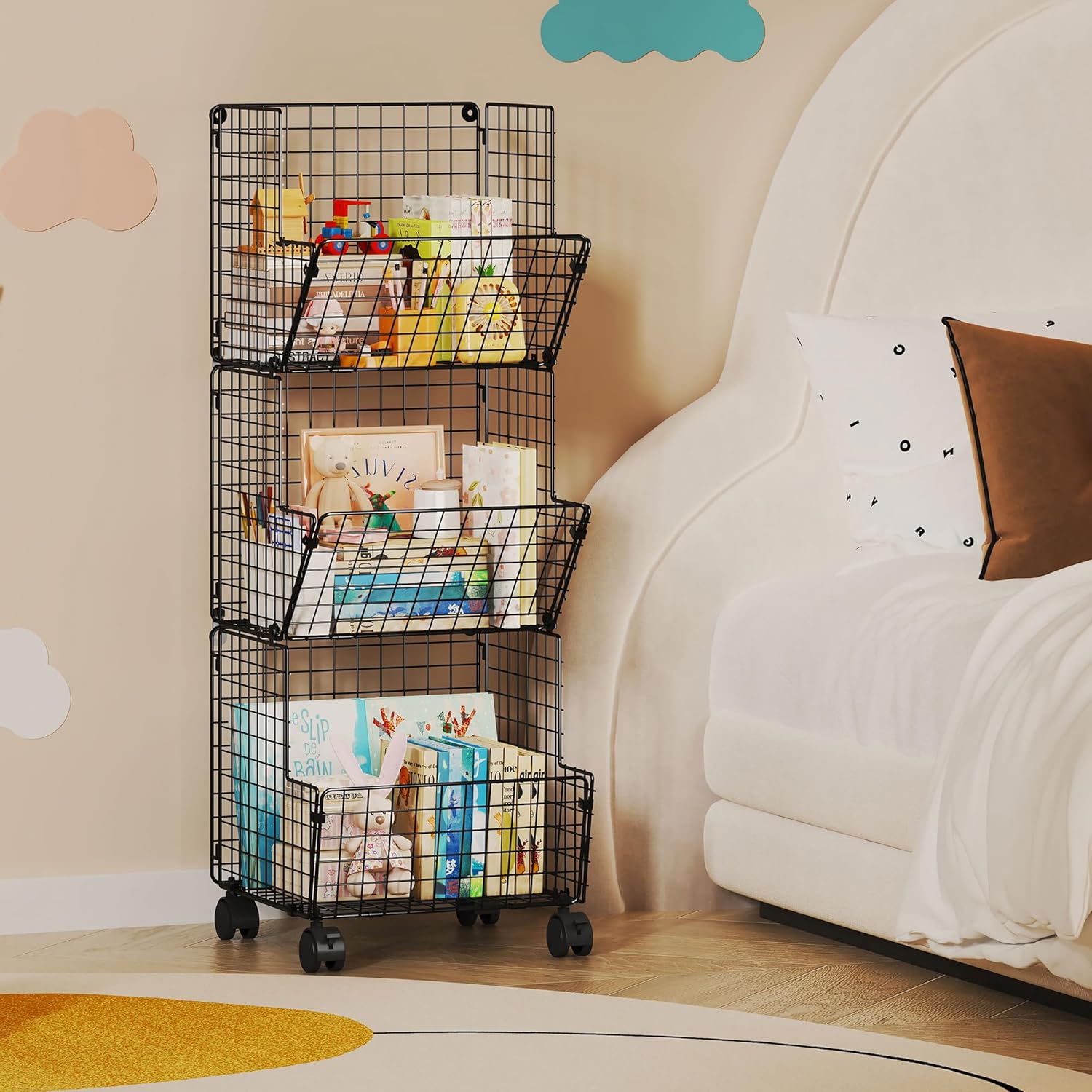 3 Tier Rolling Wire Toy Organizer Basket - with Wheel, S-Hooks, Adjustable Chalkboards - Toy Storage Cart Wall Bookshelf for Kids Room, Playroom, Bedroom-1