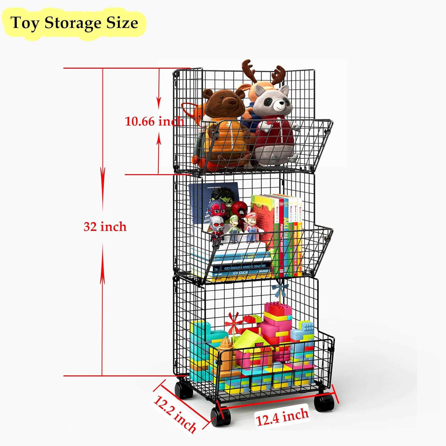 3 Tier Rolling Wire Toy Organizer Basket - with Wheel, S-Hooks, Adjustable Chalkboards - Toy Storage Cart Wall Bookshelf for Kids Room, Playroom, Bedroom-2