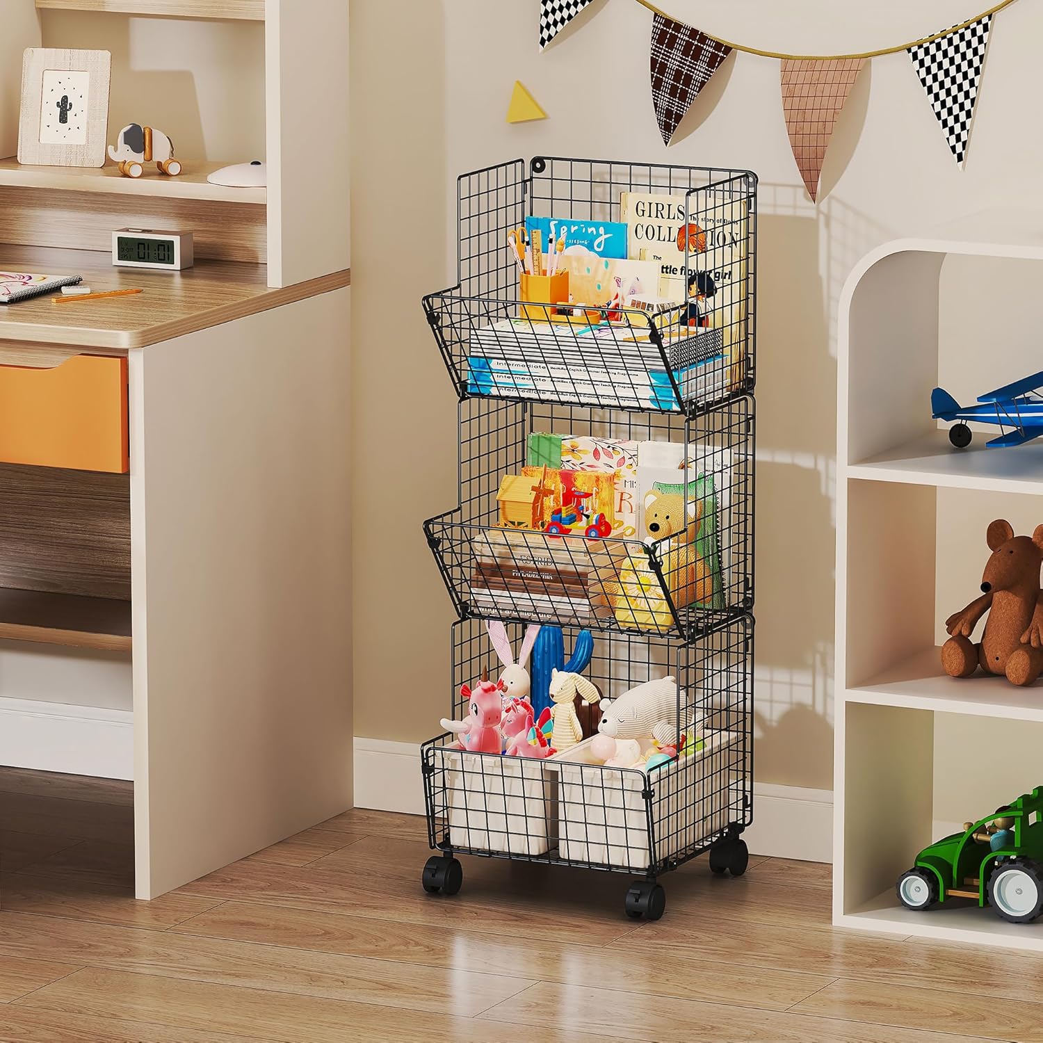 3 Tier Rolling Wire Toy Organizer Basket - with Wheel, S-Hooks, Adjustable Chalkboards - Toy Storage Cart Wall Bookshelf for Kids Room, Playroom, Bedroom-4