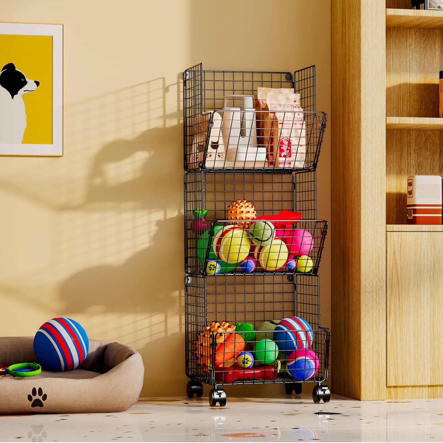 3 Tier Rolling Wire Toy Organizer Basket - with Wheel, S-Hooks, Adjustable Chalkboards - Toy Storage Cart Wall Bookshelf for Kids Room, Playroom, Bedroom-5