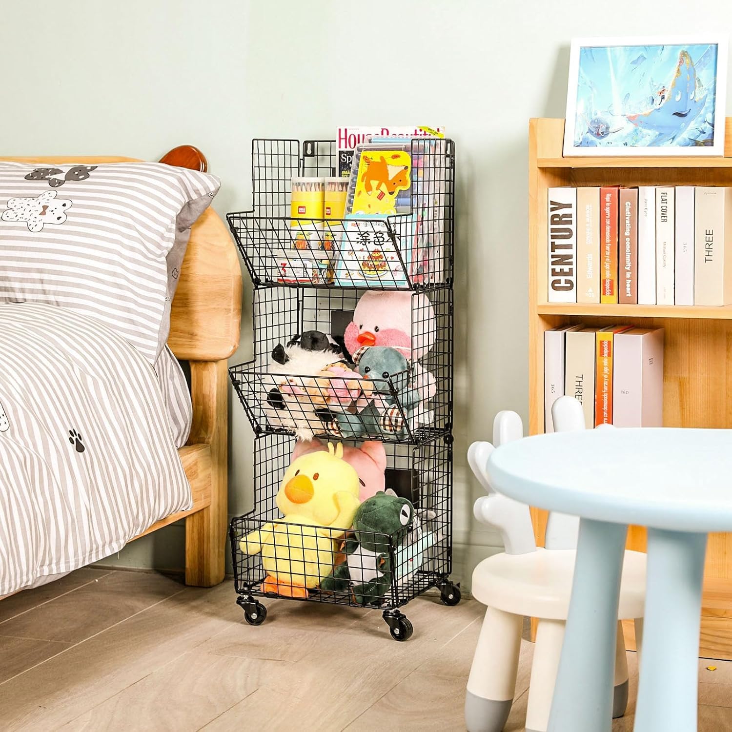 3 Tier Rolling Wire Toy Organizer Basket - with Wheel, S-Hooks, Adjustable Chalkboards - Toy Storage Cart Wall Bookshelf for Kids Room, Playroom, Bedroom-7