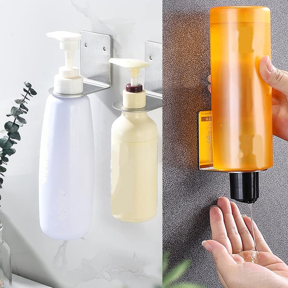 BiJun Wall Mount Soap Bottles Dispenser Holder, Hand Pump Bottles Stand Wall Mount Hanging Jar Rack Shampoo Standing Shelf Storage Holder Lotion Container (1.06in, Silver)-5