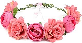 Flower Crown Rose Peony Garland Headband Hair Wreath Floral Headpiece with Adjustable Ribbon Wedding Festival Party (pink)