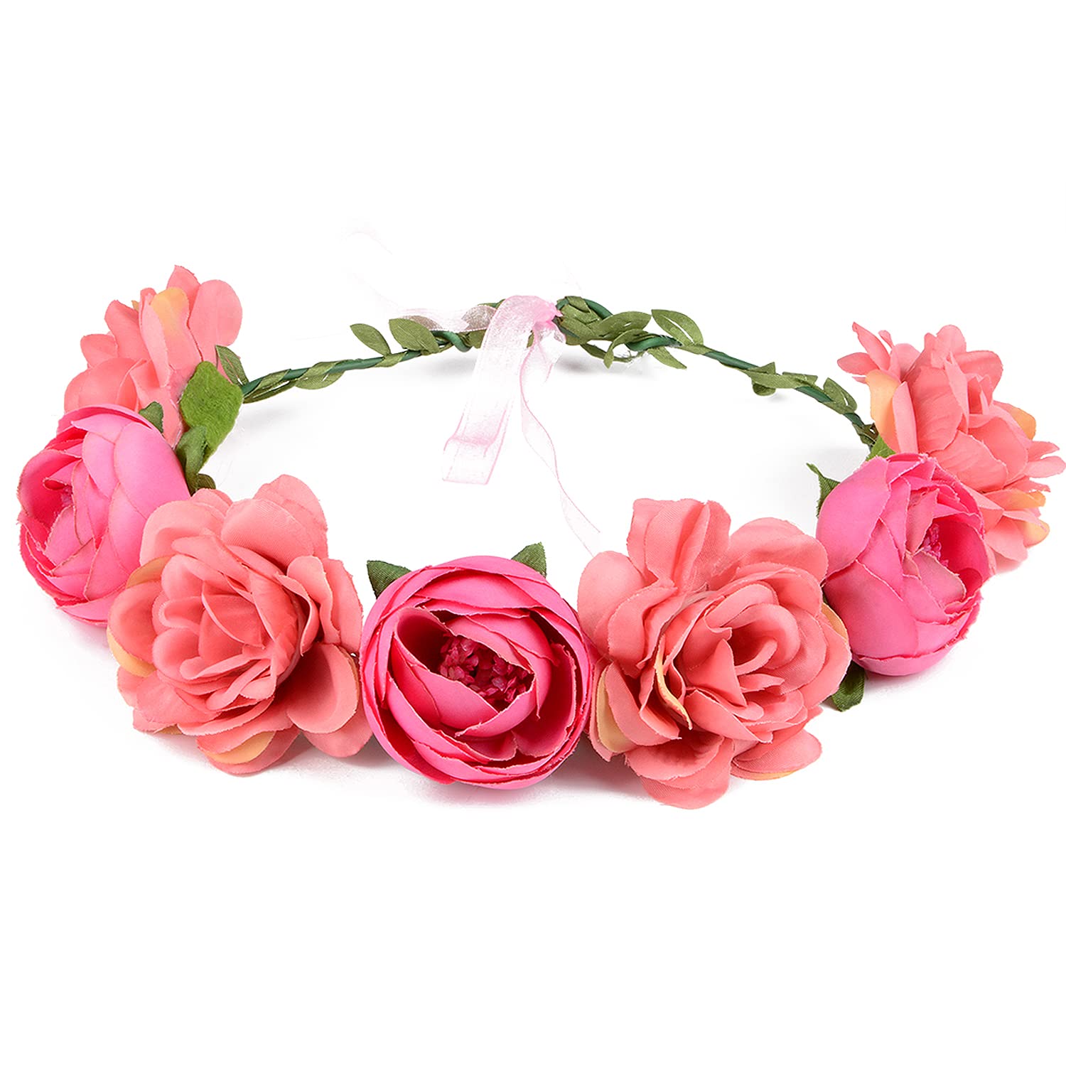 Flower Crown Rose Peony Garland Headband Hair Wreath Floral Headpiece with Adjustable Ribbon Wedding Festival Party (pink)-0