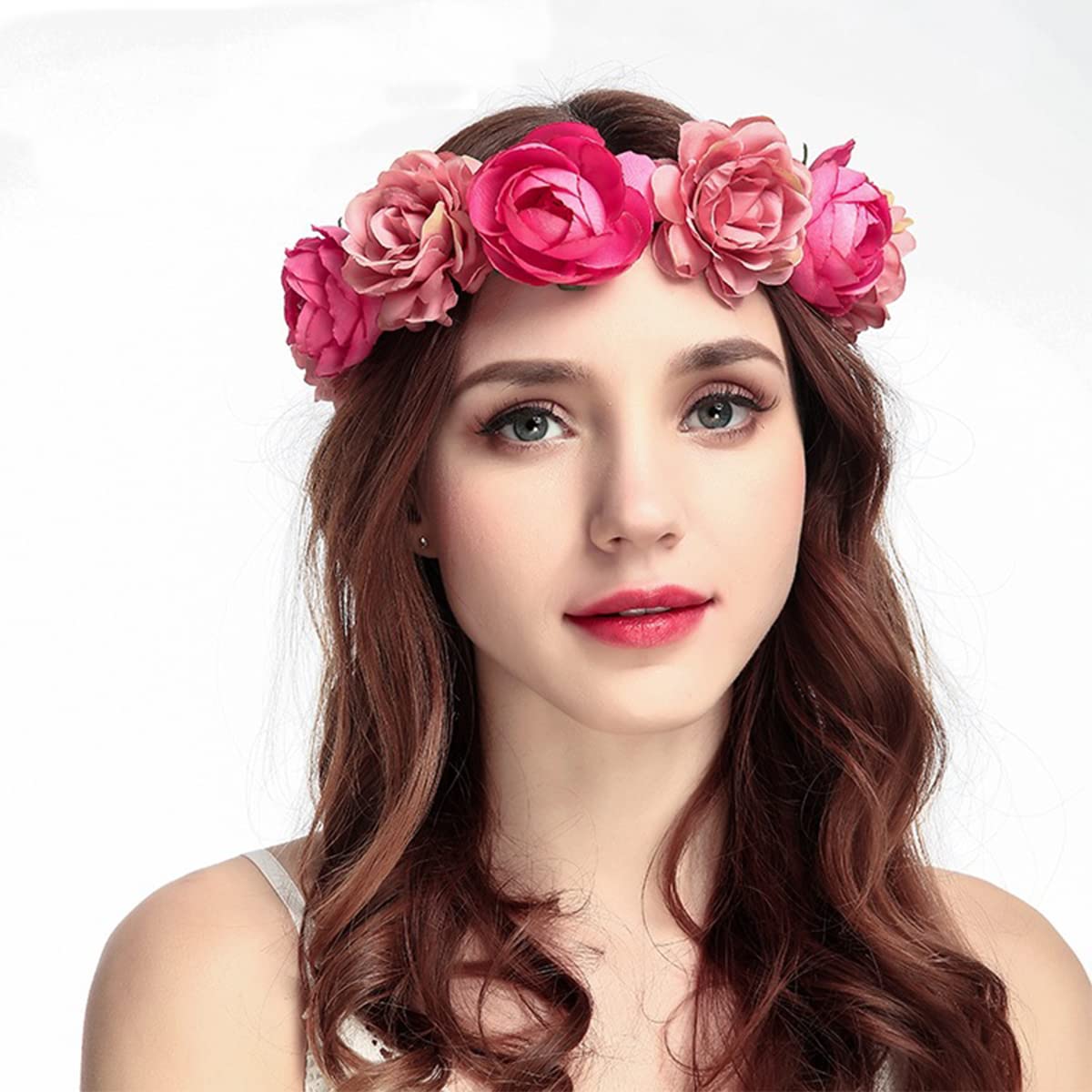 Flower Crown Rose Peony Garland Headband Hair Wreath Floral Headpiece with Adjustable Ribbon Wedding Festival Party (pink)-1