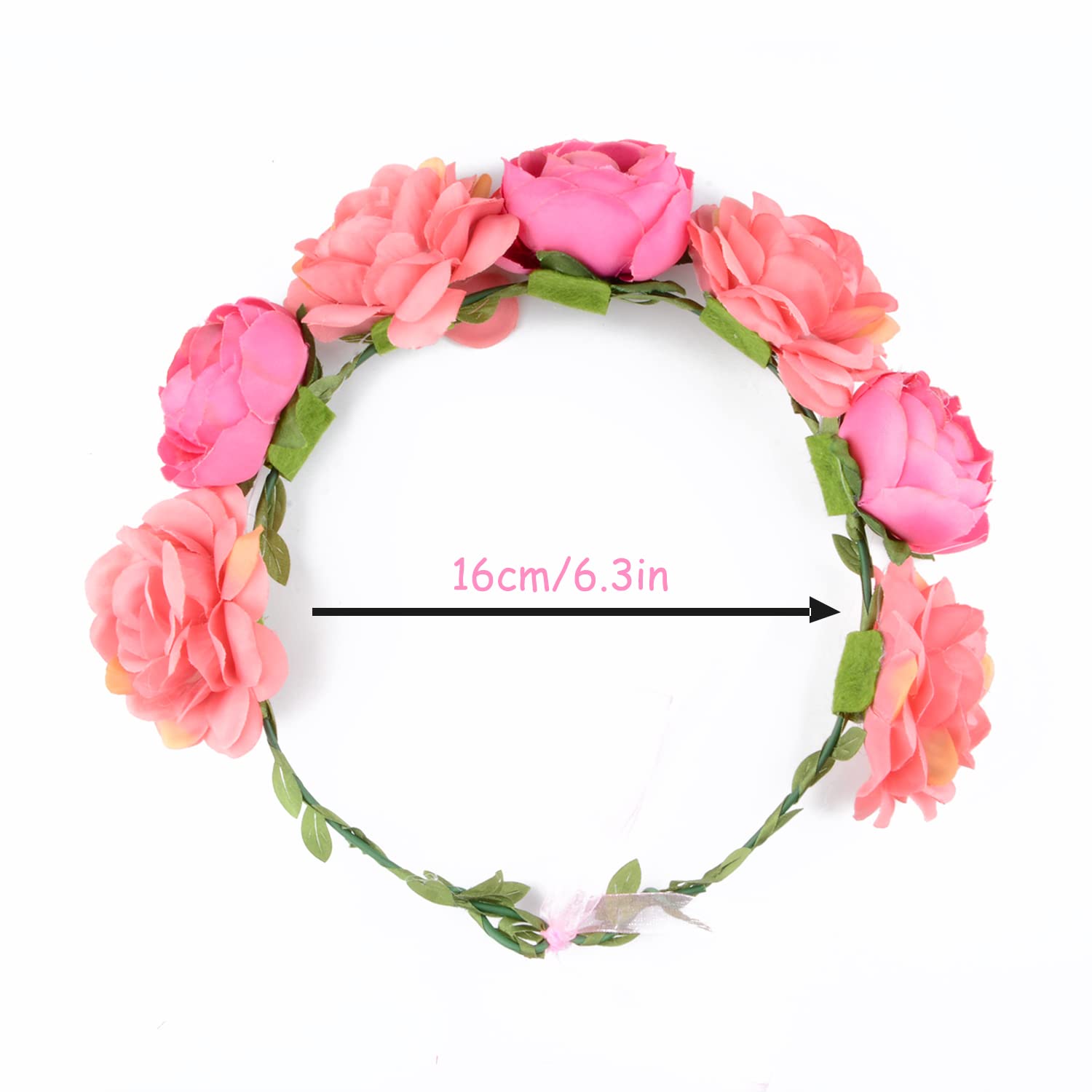 Flower Crown Rose Peony Garland Headband Hair Wreath Floral Headpiece with Adjustable Ribbon Wedding Festival Party (pink)-2