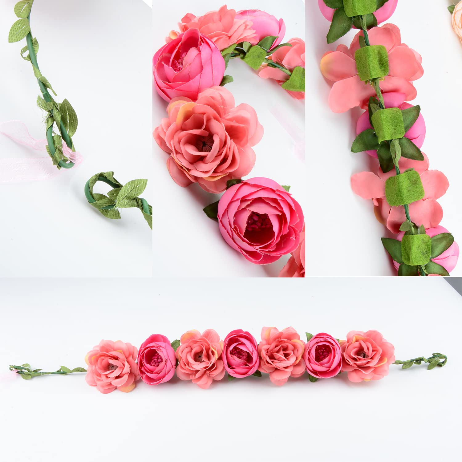 Flower Crown Rose Peony Garland Headband Hair Wreath Floral Headpiece with Adjustable Ribbon Wedding Festival Party (pink)-3