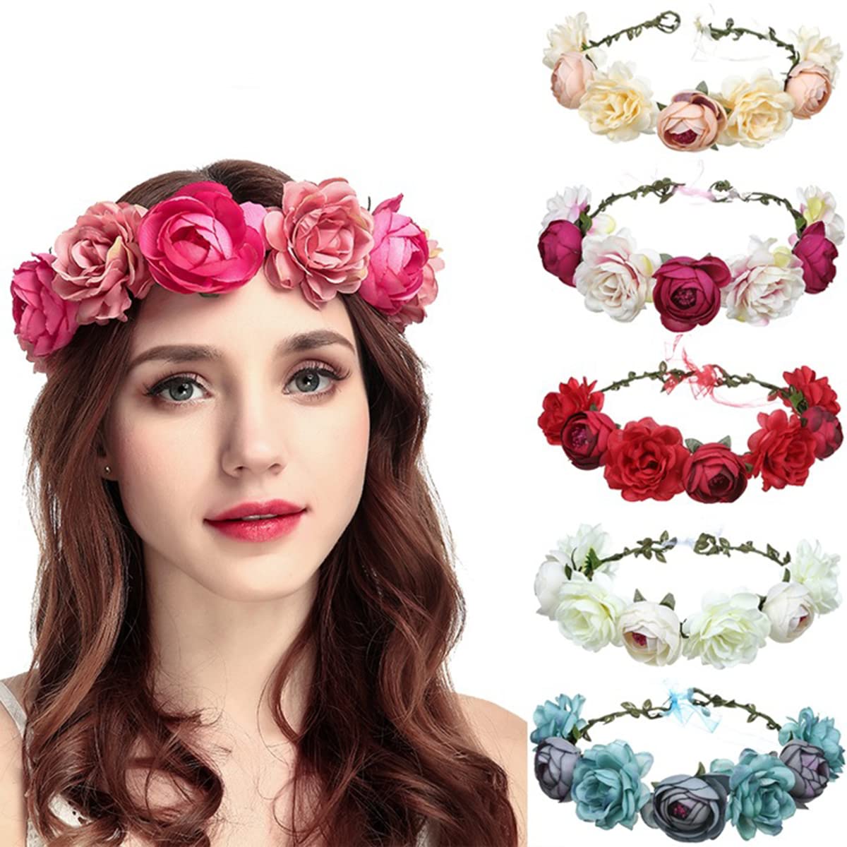 Flower Crown Rose Peony Garland Headband Hair Wreath Floral Headpiece with Adjustable Ribbon Wedding Festival Party (pink)-6