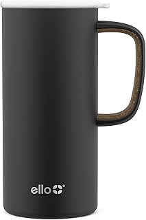 Ello Campy Vacuum Insulated Travel Mug with Leak-Proof Slider Lid and Comfy Carry Handle, Perfect for Coffee or Tea, BPA Free, Matte Black, 18oz