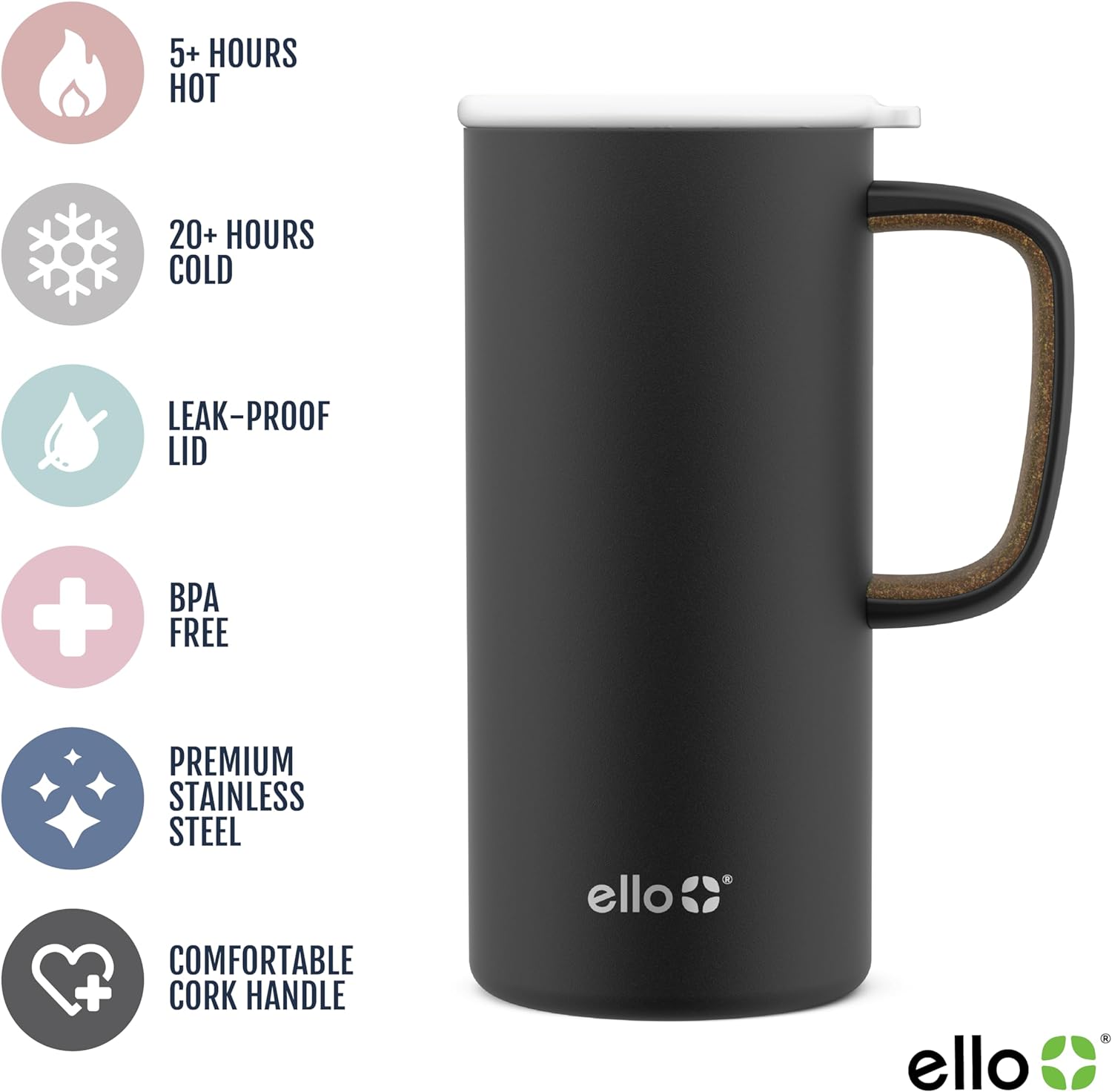 Ello Campy Vacuum Insulated Travel Mug with Leak-Proof Slider Lid and Comfy Carry Handle, Perfect for Coffee or Tea, BPA Free, Matte Black, 18oz-1