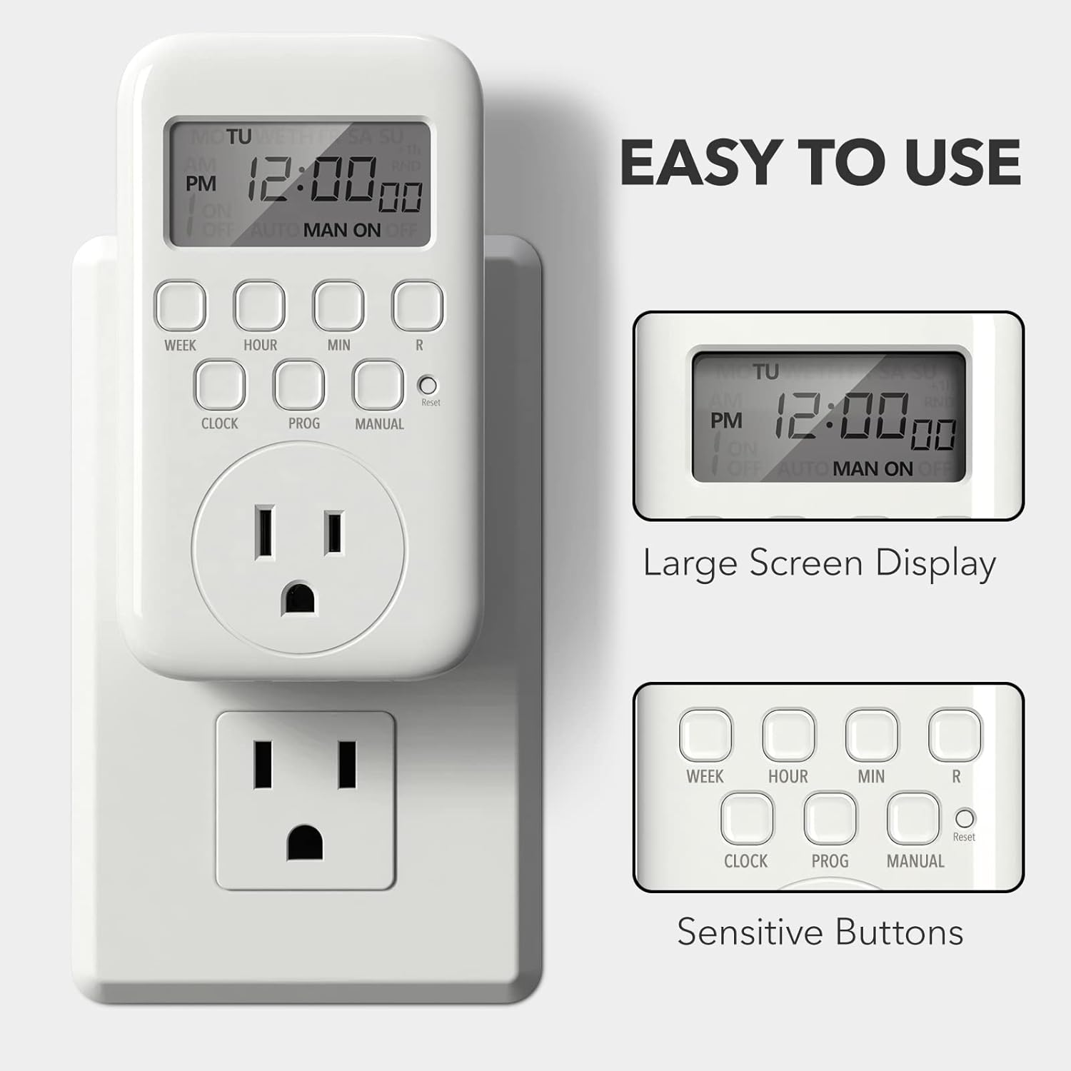 BN-LINK Digital Timer Outlet, 7 Day Heavy Duty Programmable Timer, On/Off Programs 3-Prong Grounded, Indoor, for Lamp, Light, Fan, Pets, Home, Kitchen, Office, Appliances, 125V, 15A, 1875W, 60Hz-1