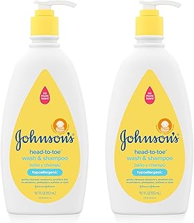 Johnson's Baby Head-To-Toe Gentle Baby Body Wash & Shampoo, Tear-Free, Sulfate-Free & Hypoallergenic Bath Wash & Shampoo for Sensitive Baby Skin, Washes Away 99.9% Of Germs, 2 Pack, 18 fl. Oz