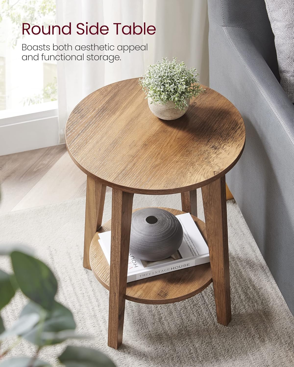 VASAGLE Side Table, Small Round End Table with Lower Shelf, Nightstand for Small Spaces, Living Room, Bedroom, Rustic Walnut ULET283T41-3