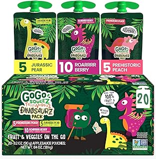 GoGo squeeZ Fruit & veggieZ Variety Pack, Jurassic Pear, Roarrrr Berry & Prehistoric Peach, 3.2 oz (Pack of 20), Unsweetened Snacks for Kids, No Gluten, Nut & Dairy, Recloseable Cap, BPA Free Pouches