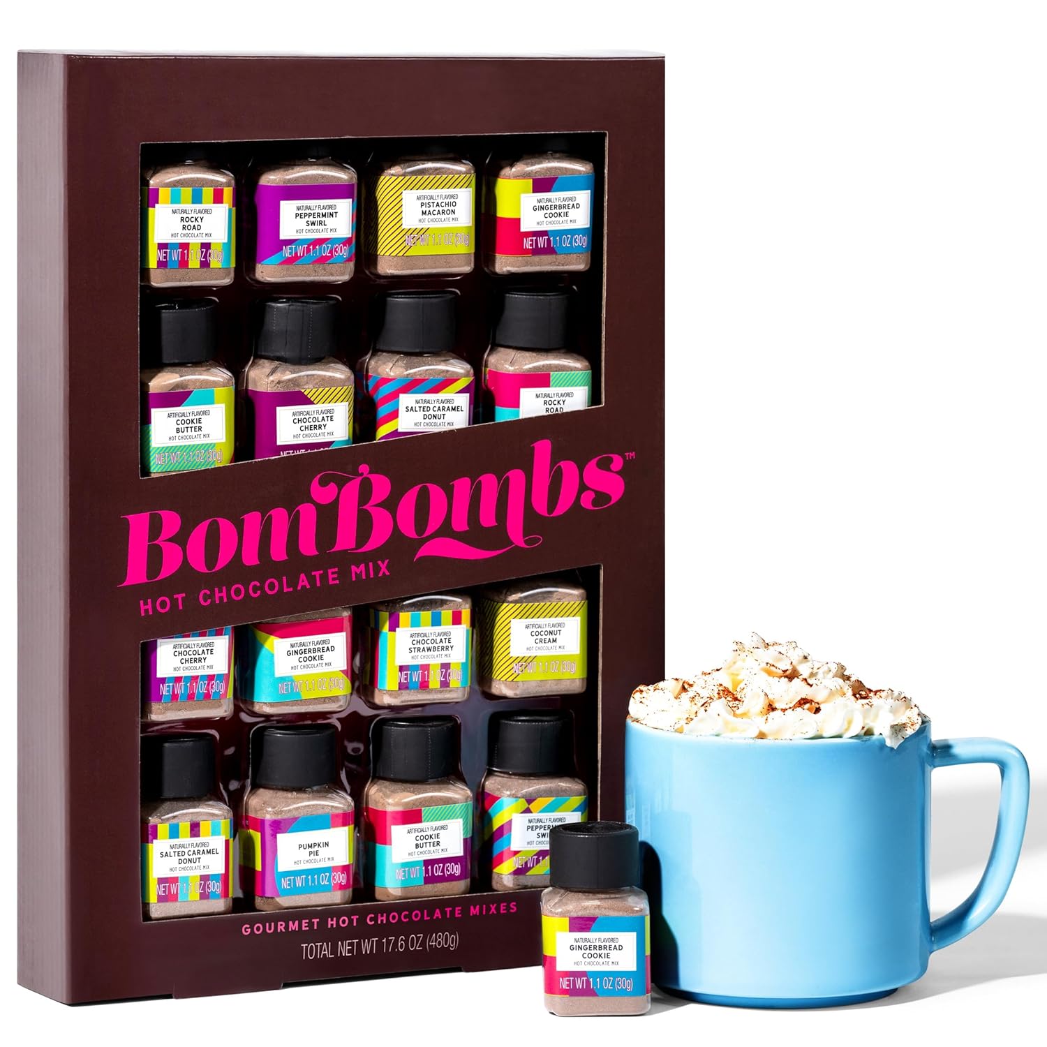 BomBombs, Hot Chocolate Mix Gift Set in Mini Bottles, Flavors Include Rocky Road, Pumpkin Pie, Chocolate Cherry, Peppermint Swirl, Salted Caramel Donut & More, Sampler Set of 16-0