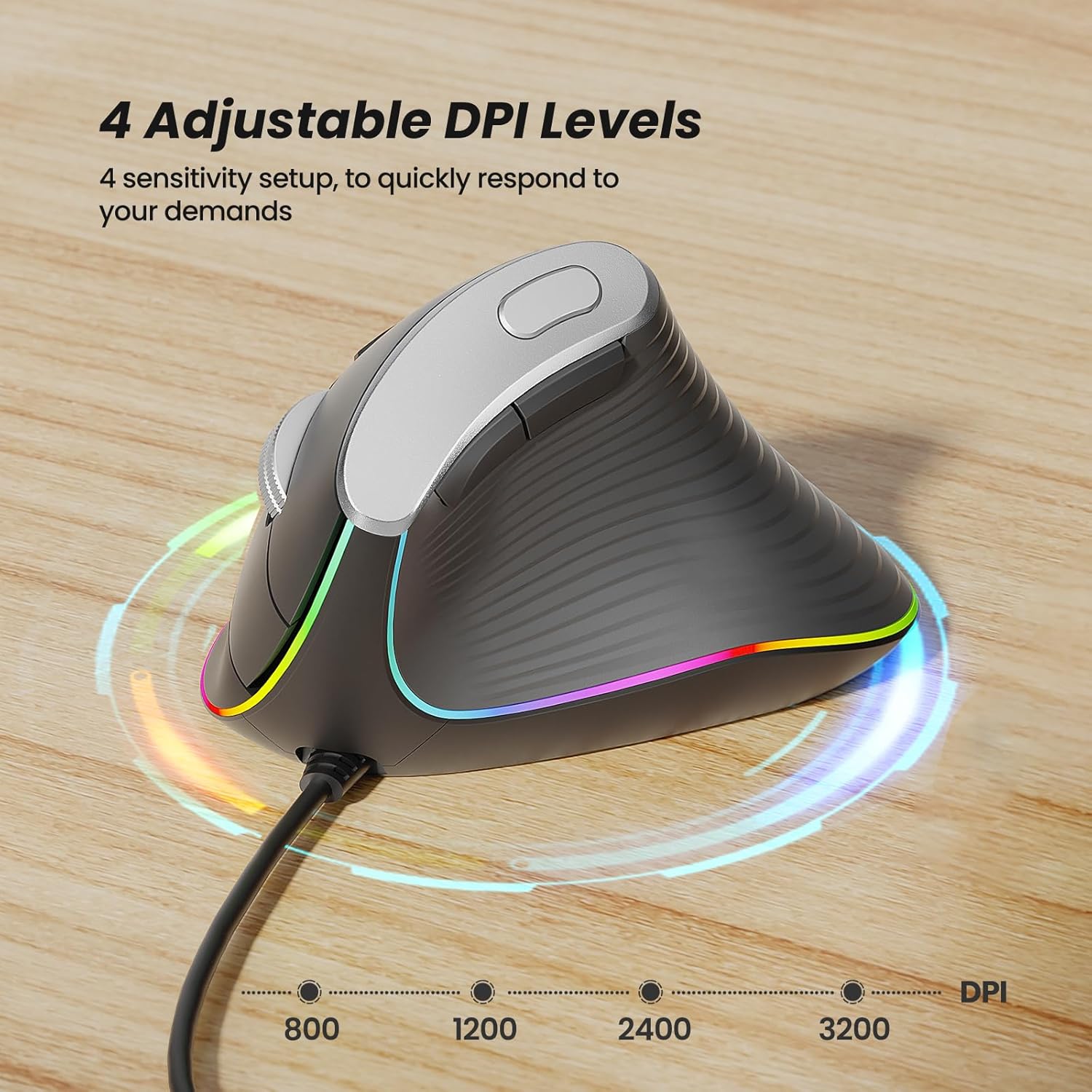 Nulea M504 Wired Vertical Mouse, USB Ergonomic Optical Mouse with 4 Adjustable DPI, 11 RGB Backlight Modes, Compatible for Laptop, PC, Desktop, Mac, Grey-5