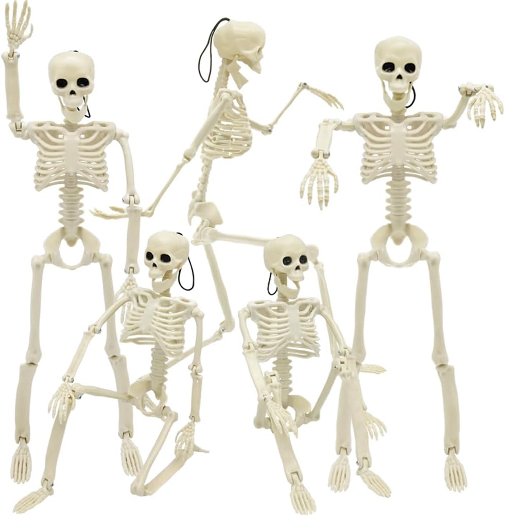 5 Packs Halloween Skeletons, 16" Halloween Full Body Skeleton with Posable Joints for Haunted House Graveyard Props Decor-0