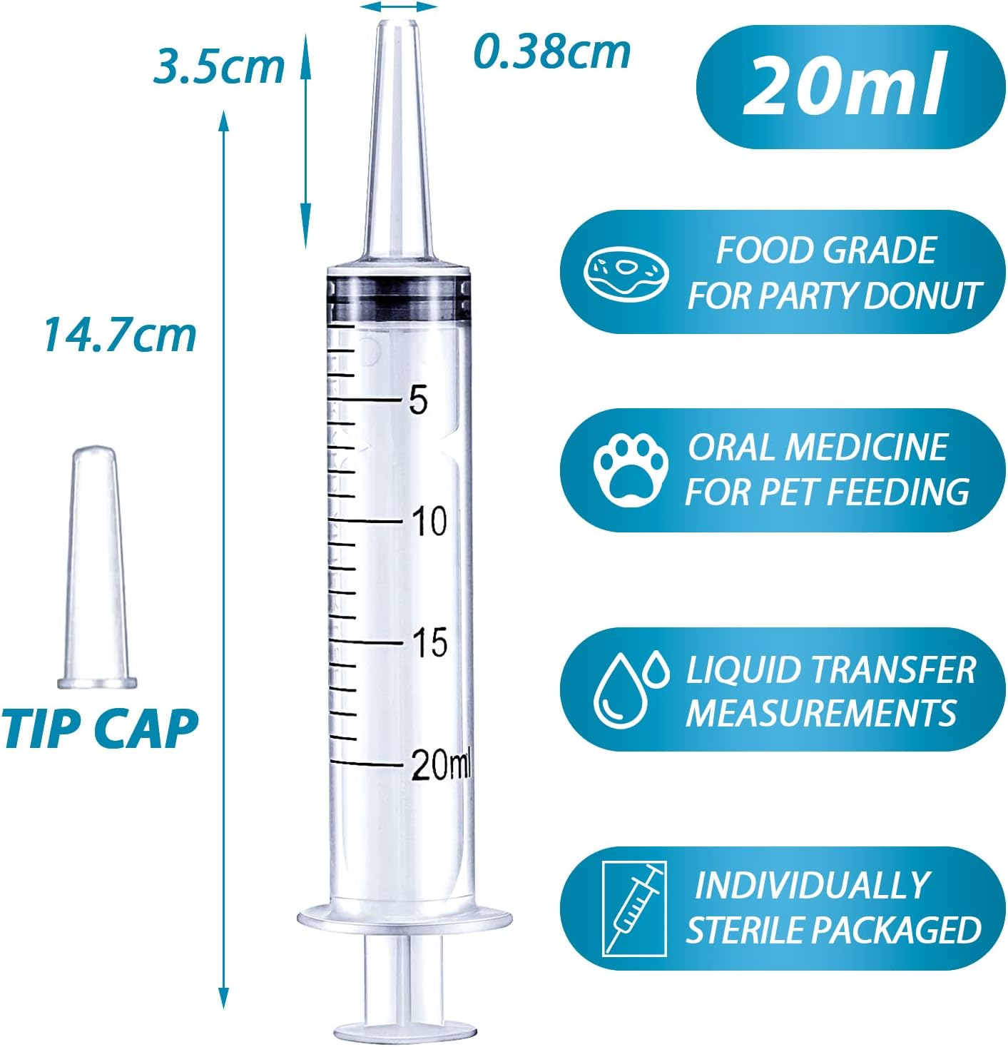 20ml Syringe for Liquid, Oral, Scientific Labs, Measurement, Dispensing, with Cap- 3 Pack 20ml Syringes-1