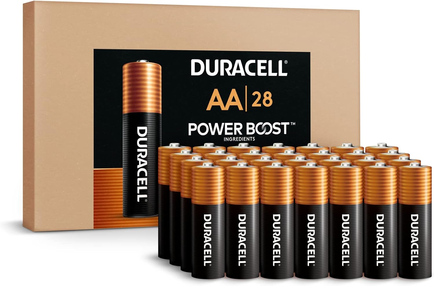 Duracell Coppertop AA Batteries 28 Count Pack Double A Battery with Power Boost Ingredients, Long-lasting Power Alkaline AA Battery for Household Devices (Ecommerce Packaging)-0