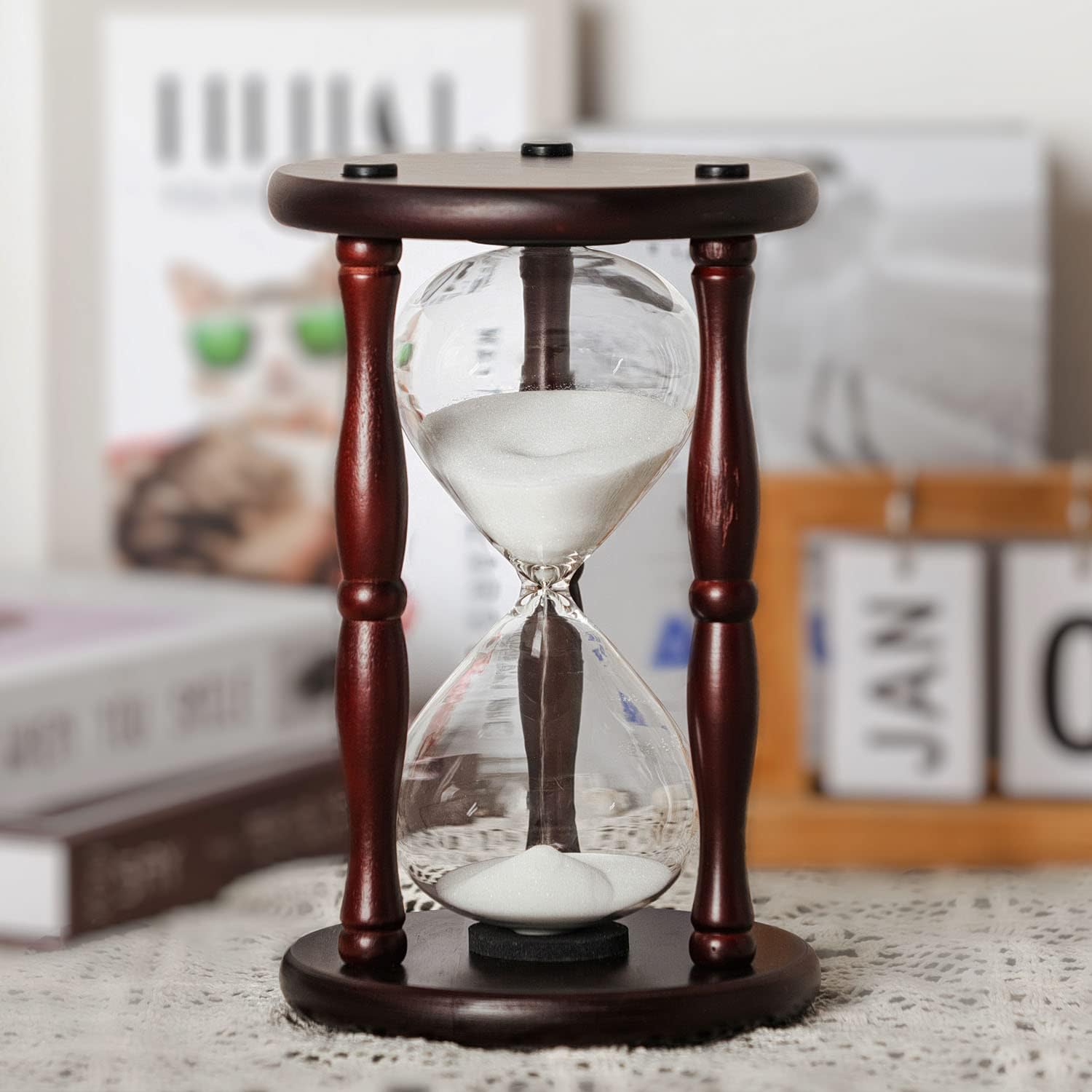 Large Hourglass Timer 60 Minute, Decorative Wooden Sand Timer Home Decor, 1 Hour Glass White Sand Clock-0