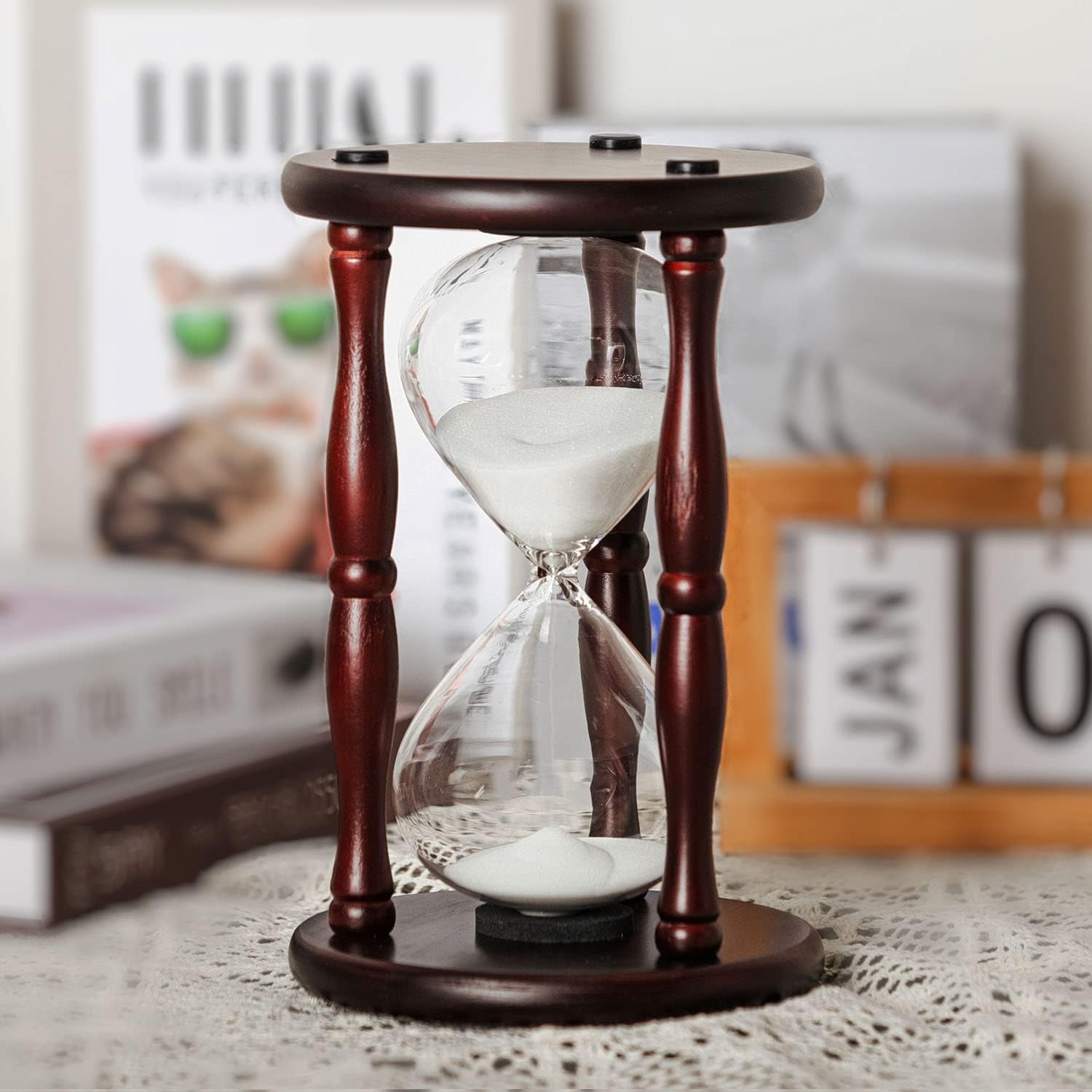 Large Hourglass Timer 60 Minute, Decorative Wooden Sand Timer Home Decor, 1 Hour Glass White Sand Clock-1