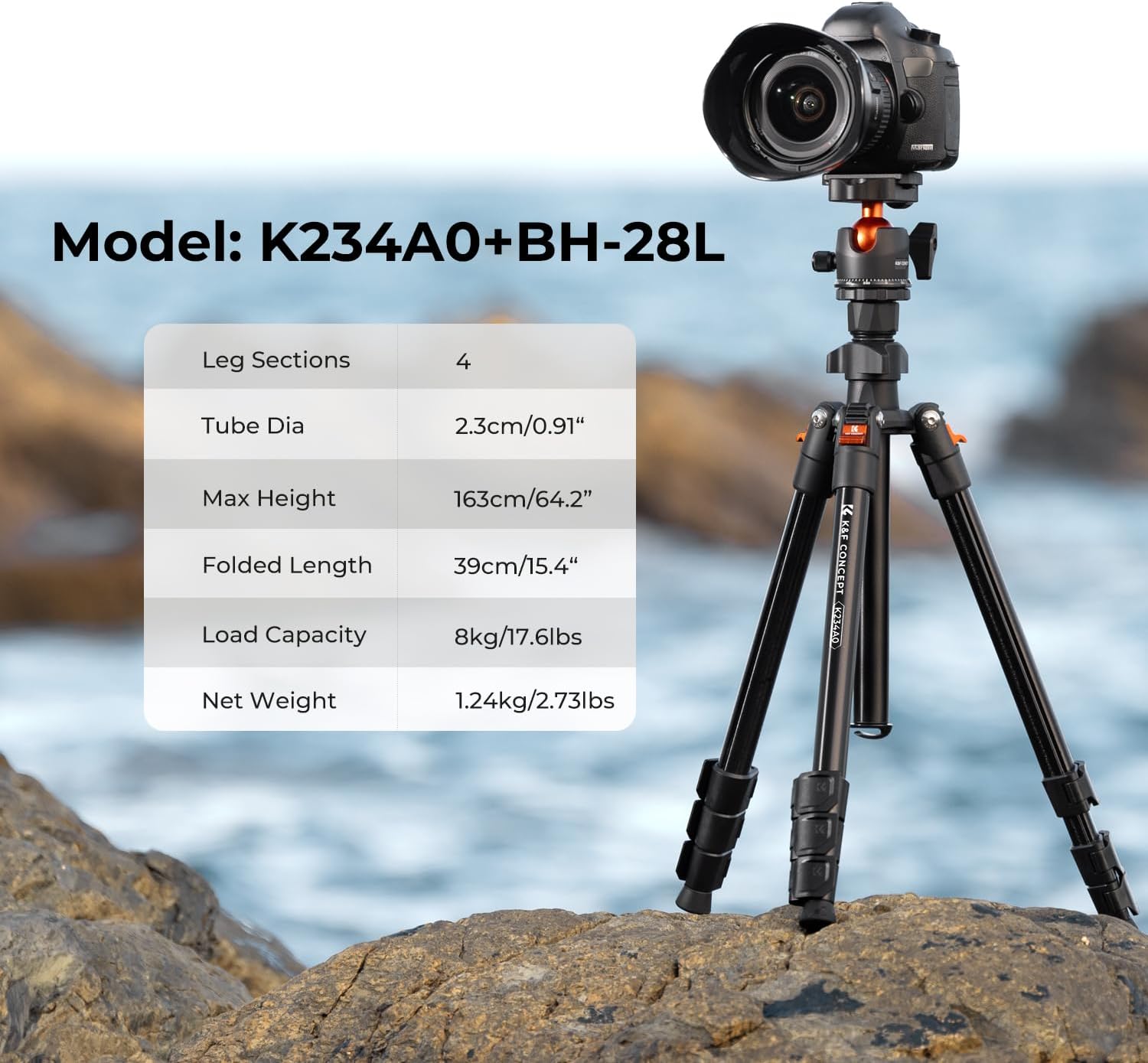 K&F Concept 64 inch/163cm Camera Tripod,Lightweight Travel Outdoor DSLR Tripods with 360 Degree Ball Head Load Capacity 8kg/17.6lbs,Cellphone Clip for Smartphone Live Streaming Vlog K234A0+BH-28L-1