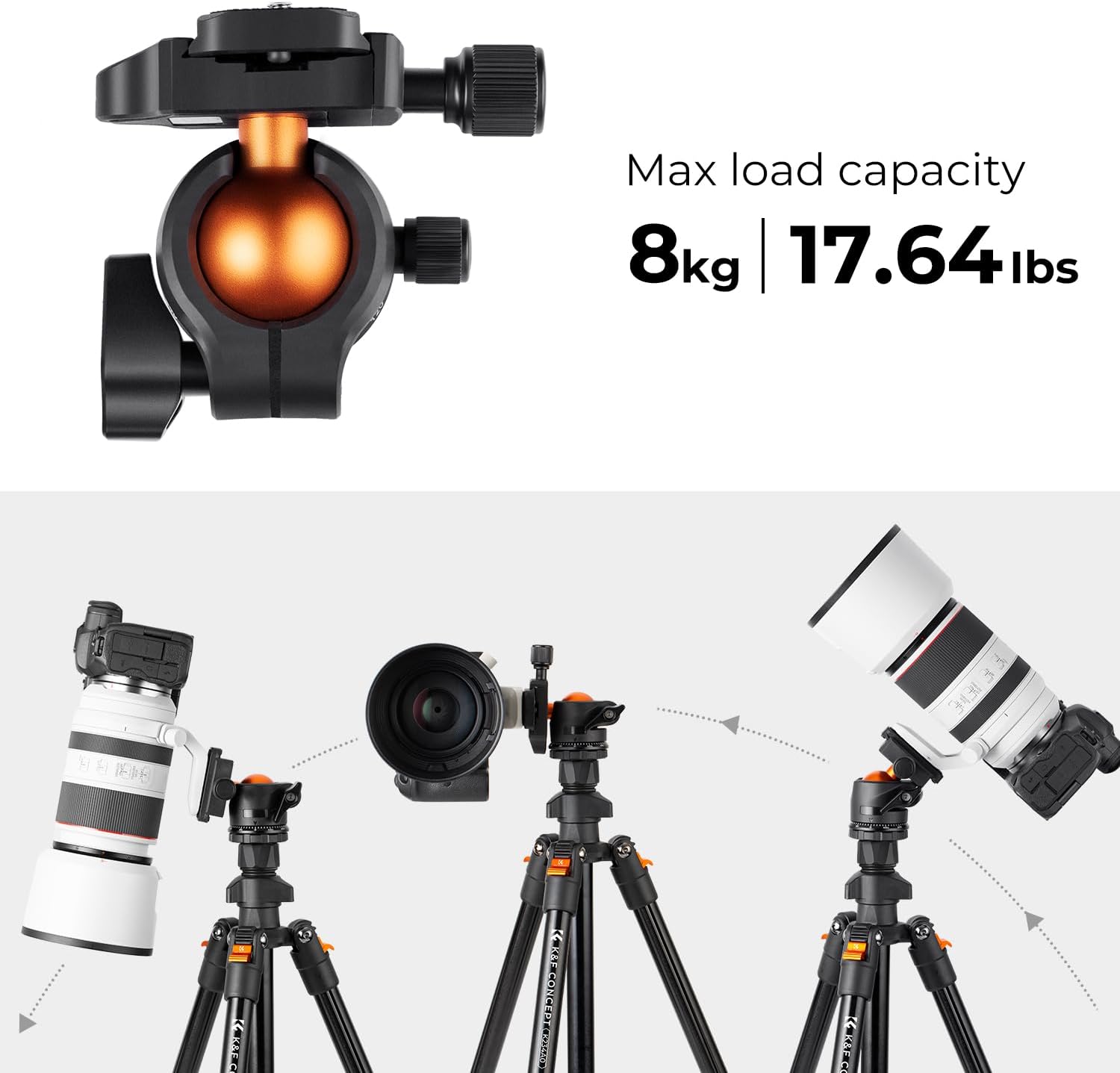 K&F Concept 64 inch/163cm Camera Tripod,Lightweight Travel Outdoor DSLR Tripods with 360 Degree Ball Head Load Capacity 8kg/17.6lbs,Cellphone Clip for Smartphone Live Streaming Vlog K234A0+BH-28L-3