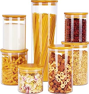 Vtopmart Glass Food Storage Jars, 7 Pack Food Containers with Airtight Bamboo Wooden Lids for Pasta, Cookies, Nuts, Coffee Beans, Cereal, Glass Canisters for Kitchen, Pantry Organization, BPA Free