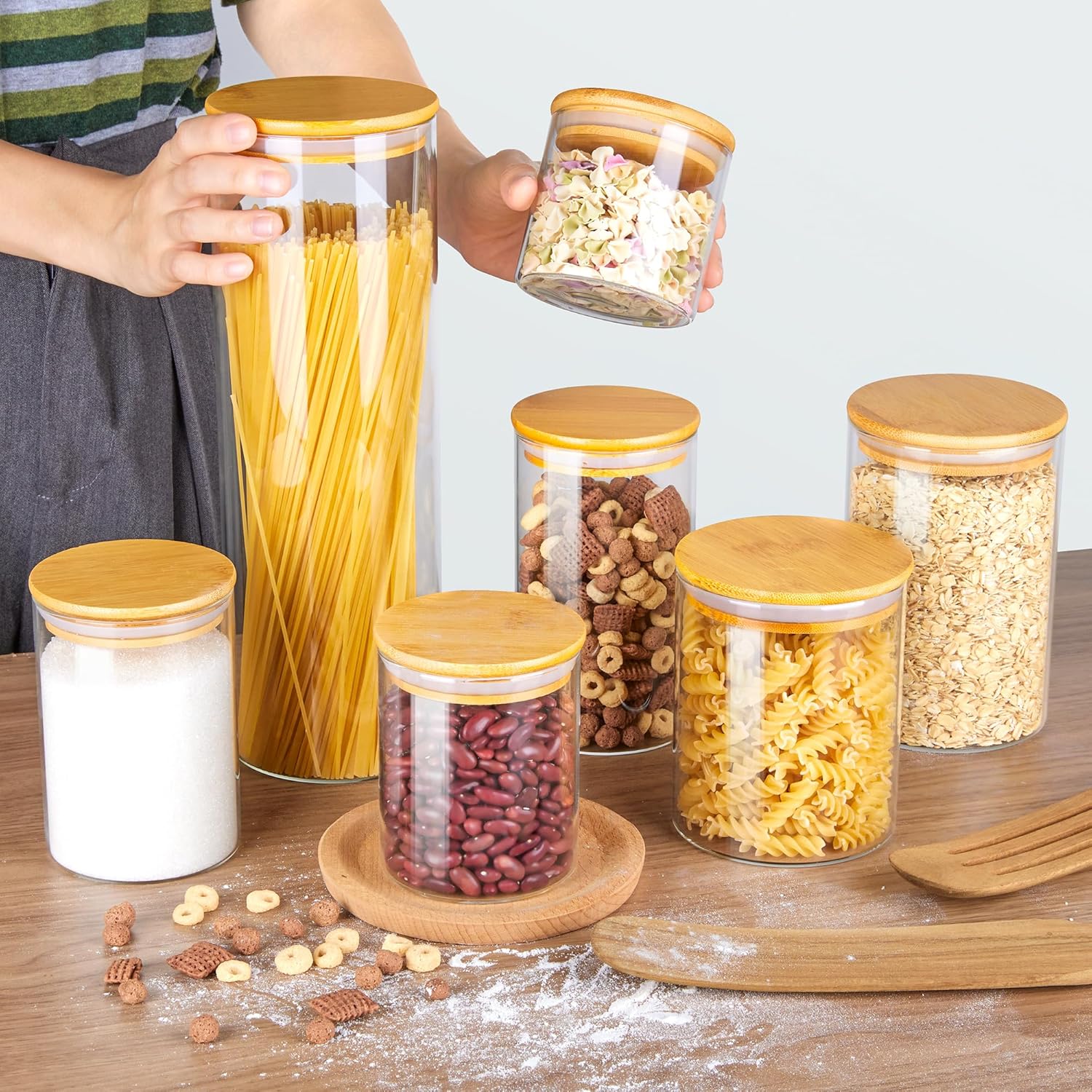 Vtopmart Glass Food Storage Jars, 7 Pack Food Containers with Airtight Bamboo Wooden Lids for Pasta, Cookies, Nuts, Coffee Beans, Cereal, Glass Canisters for Kitchen, Pantry Organization, BPA Free-2