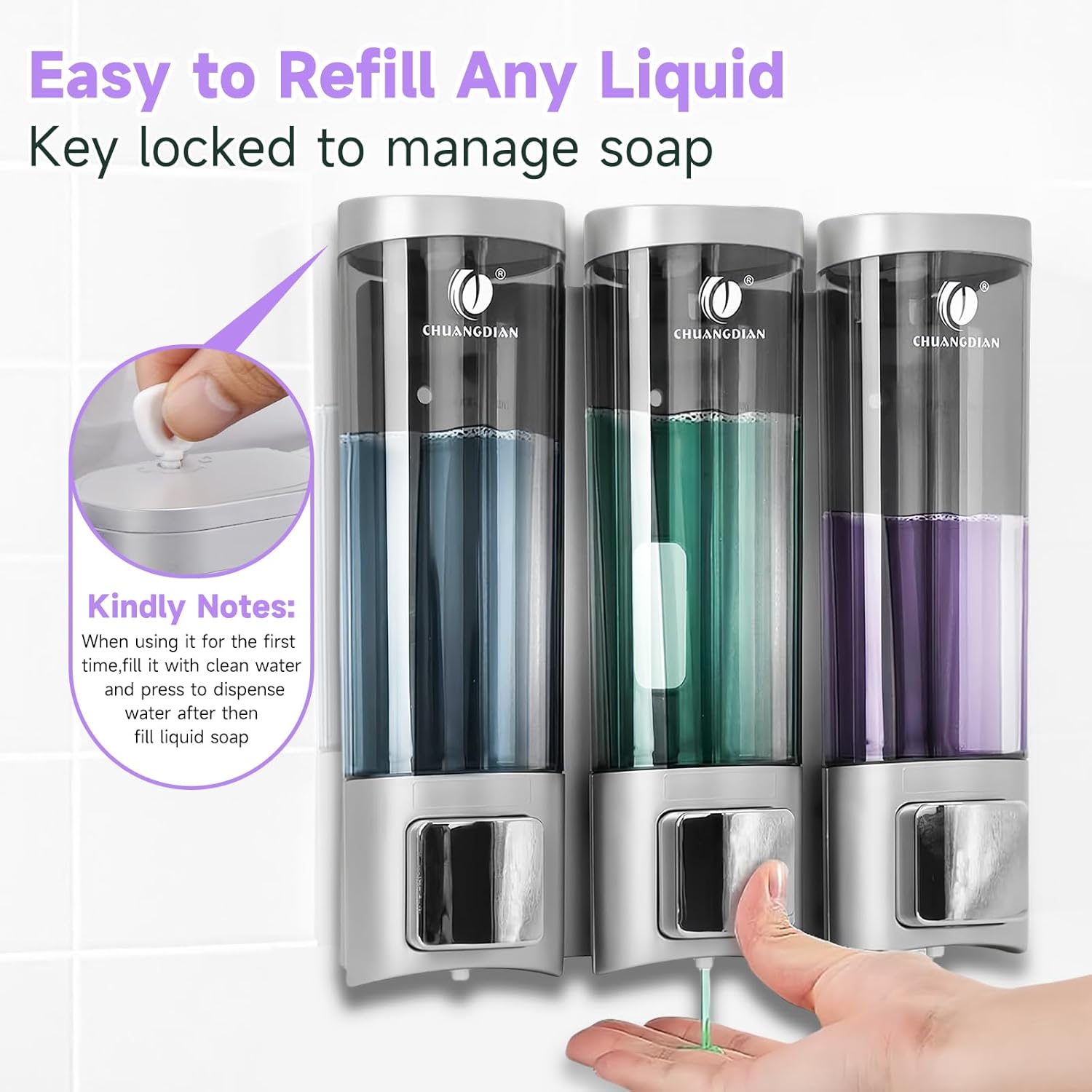 Shower Soap Dispenser Shampoo and Conditioner Dispenser for Shower Wall 3 Chamber No Drill Wall-Mounted Shampoo Bathroom Soap Dispenser Lotion Gel Container Dispenser for Bathroom Hotel Satin Sliver-4