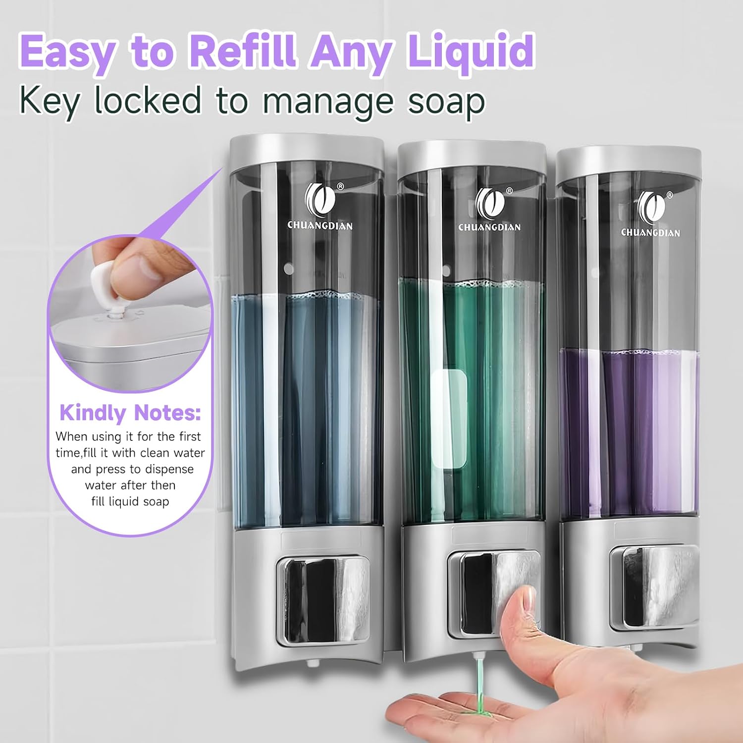 Shower Soap Dispenser Shampoo and Conditioner Dispenser for Shower Wall 3 Chamber No Drill Wall-Mounted Shampoo Bathroom Soap Dispenser Lotion Gel Container Dispenser for Bathroom Hotel Satin Sliver-7