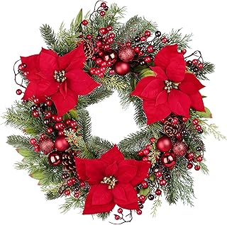 Chrisxiao Christmas Wreath, Front Door Artificial Christmas Wreath Decorated with Holly Berries, Hawthorn Berries, for Indoor Outdoor Christmas Decoration 24 Inch