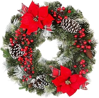 24 Inch Christmas Wreath Green Leaves Wreath for Front Door Artificial Eucalyptus Wreath with Berry and Pine Branches Christmas Decorations Indoor and Outdoor Holiday Decorations