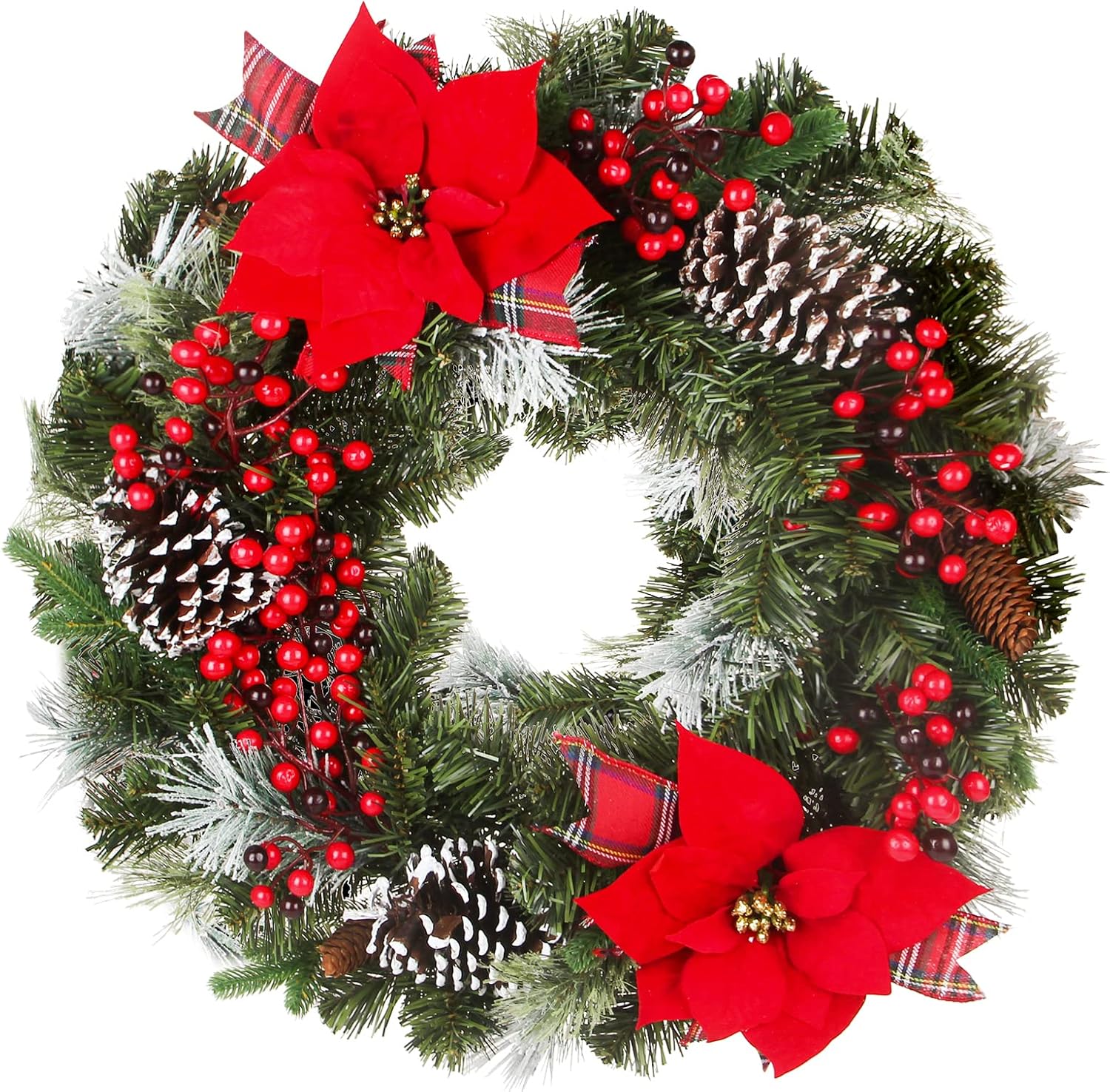 24 Inch Christmas Wreath Green Leaves Wreath for Front Door Artificial Eucalyptus Wreath with Berry and Pine Branches Christmas Decorations Indoor and Outdoor Holiday Decorations-0