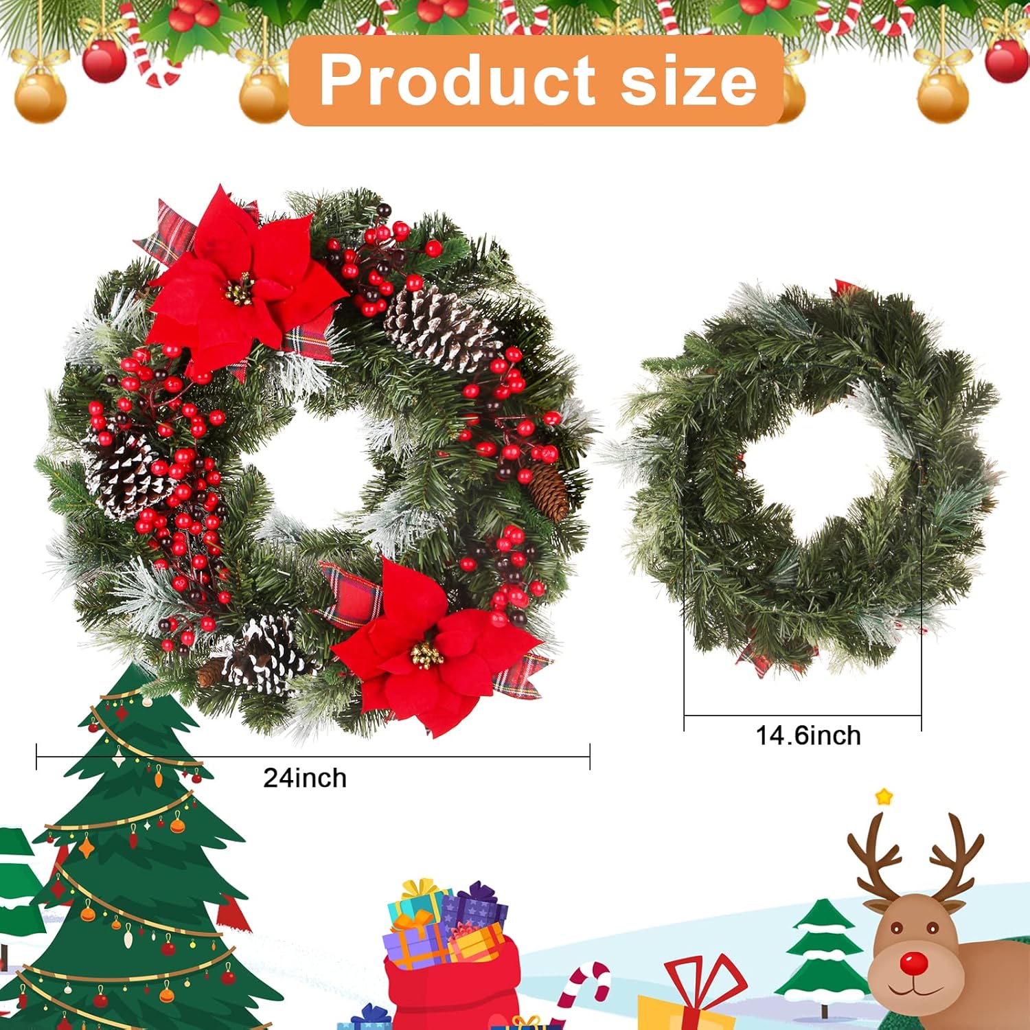 24 Inch Christmas Wreath Green Leaves Wreath for Front Door Artificial Eucalyptus Wreath with Berry and Pine Branches Christmas Decorations Indoor and Outdoor Holiday Decorations-1