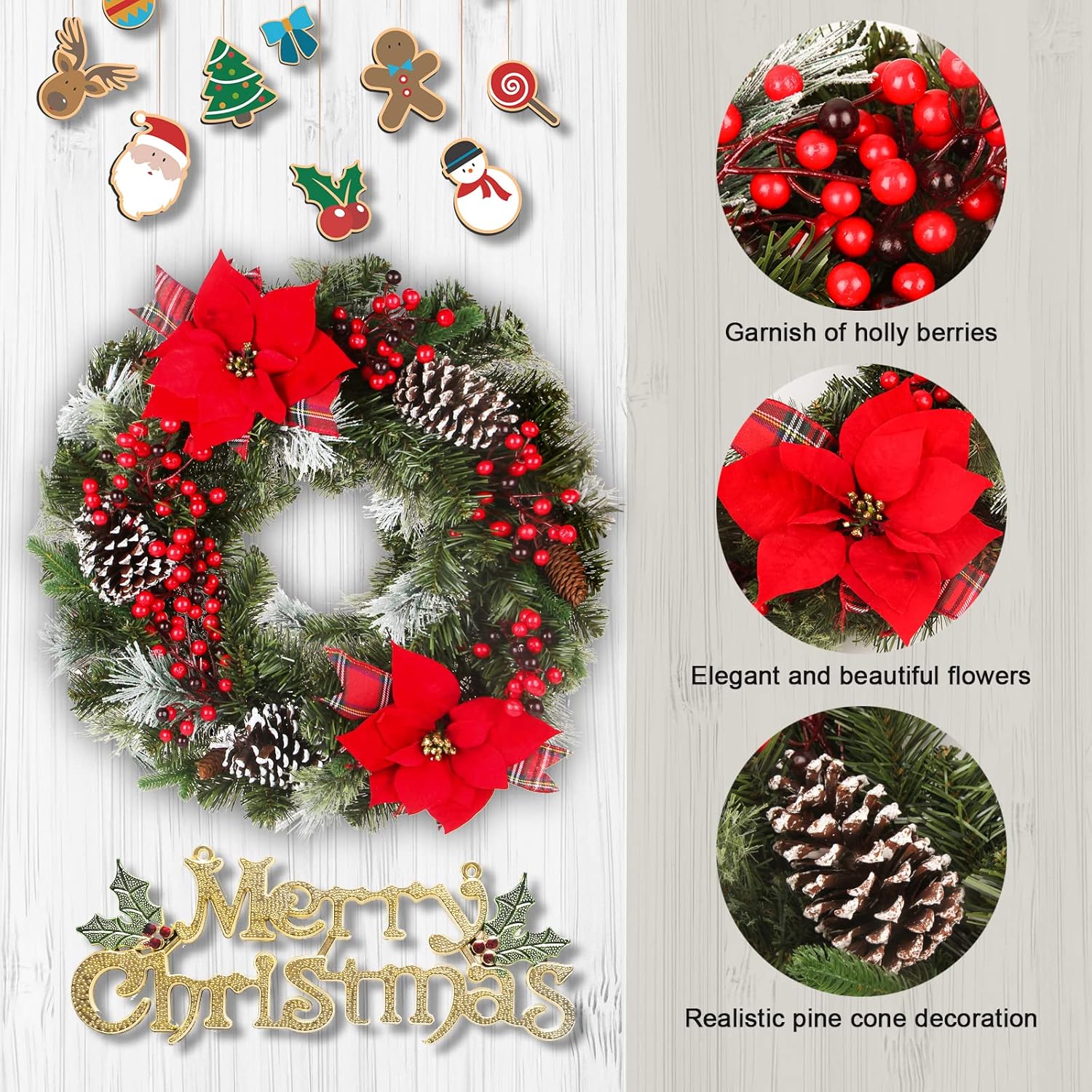 24 Inch Christmas Wreath Green Leaves Wreath for Front Door Artificial Eucalyptus Wreath with Berry and Pine Branches Christmas Decorations Indoor and Outdoor Holiday Decorations-3