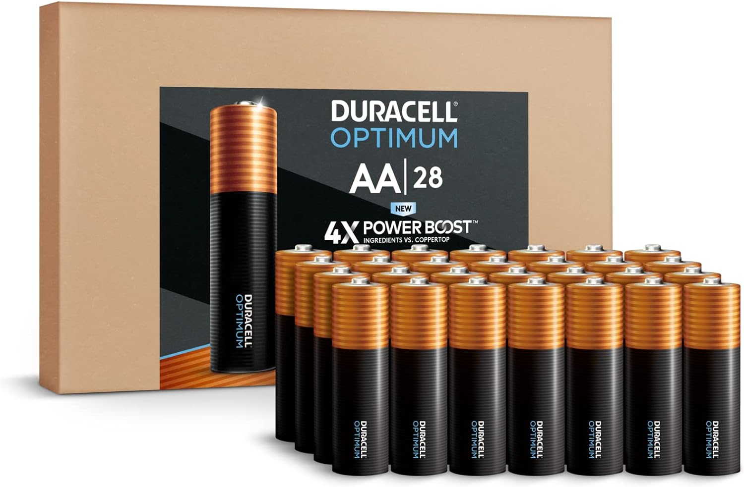 Duracell Optimum AA Batteries, 28 Count Pack Double A Battery with Power Boost Ingredients, Long-lasting Power Alkaline AA Battery for Household Devices (Ecommerce Packaging)-0