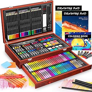 Caliart Art Supplies, 153-Pack Deluxe Wooden Art Set Crafts Drawing Painting Coloring Supplies Kit with 2 A4 Sketch Pads, Halloween Creative Gift Box for Adults Artist Beginners Kids Girls Boys