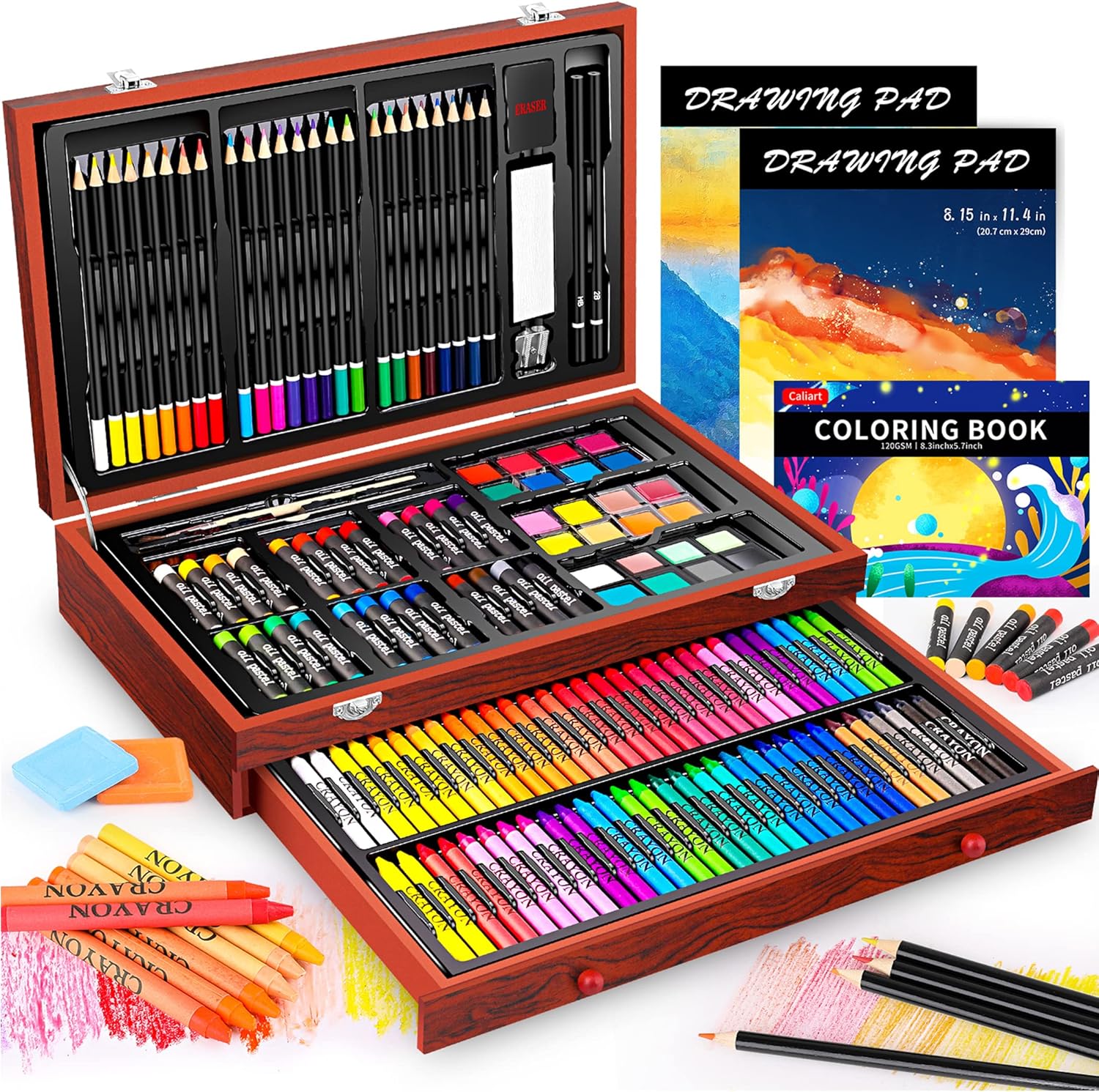 Caliart Art Supplies, 153-Pack Deluxe Wooden Art Set Crafts Drawing Painting Coloring Supplies Kit with 2 A4 Sketch Pads, Halloween Creative Gift Box for Adults Artist Beginners Kids Girls Boys-0