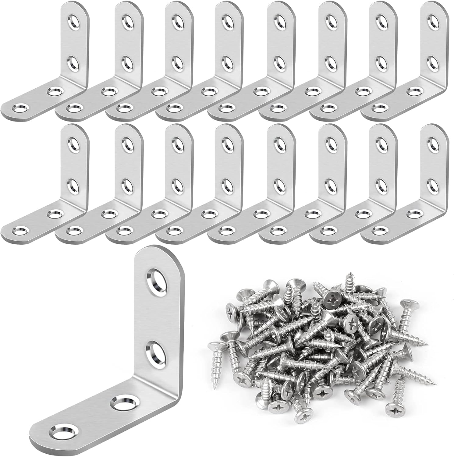 16 Pcs L Bracket Stainless Steel Corner Brace Sets, 90 Degree Right Angle Bracket with 64 Pcs Screws, L Bracket Firmware Can Be Used for Wooden Shelves, Chairs, Tables, Dressers, Furniture-0