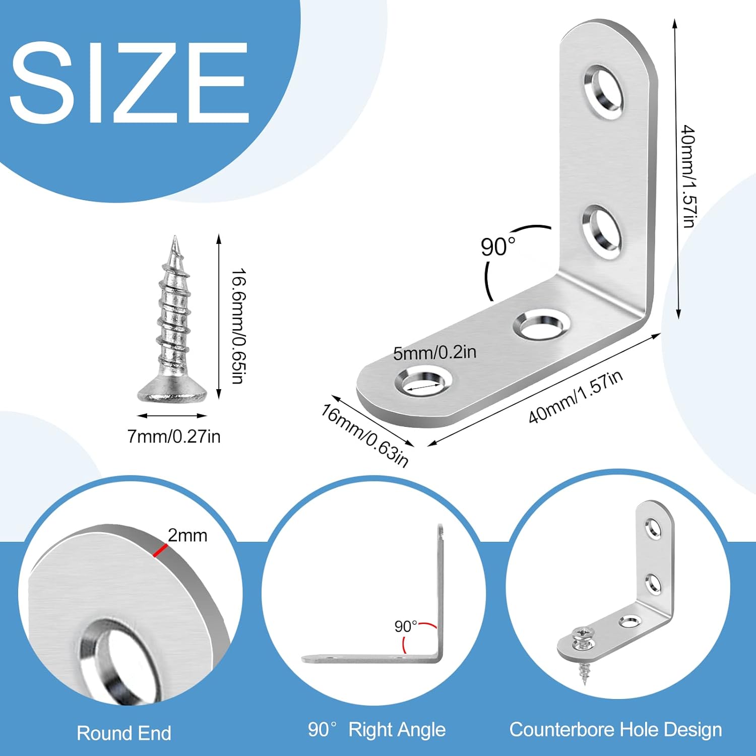 16 Pcs L Bracket Stainless Steel Corner Brace Sets, 90 Degree Right Angle Bracket with 64 Pcs Screws, L Bracket Firmware Can Be Used for Wooden Shelves, Chairs, Tables, Dressers, Furniture-1