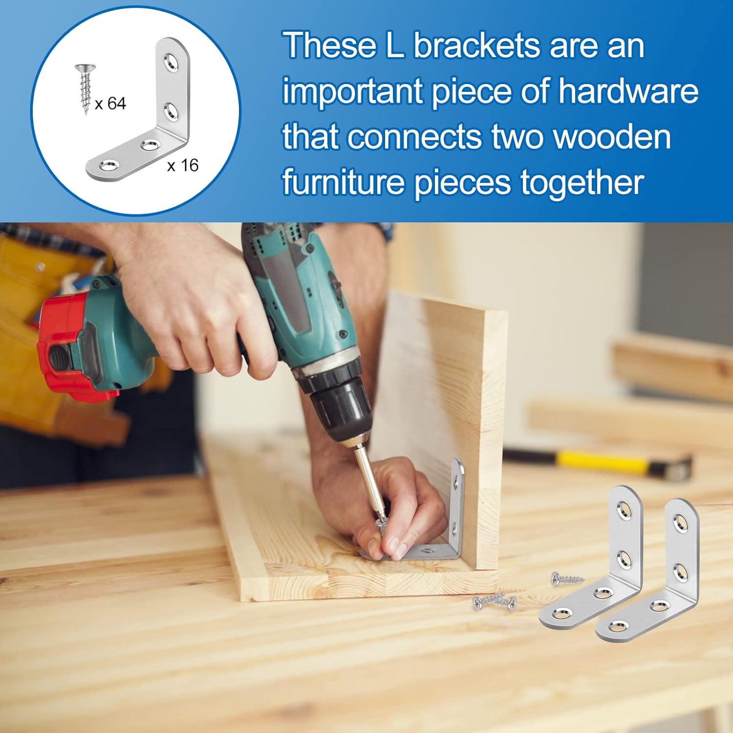 16 Pcs L Bracket Stainless Steel Corner Brace Sets, 90 Degree Right Angle Bracket with 64 Pcs Screws, L Bracket Firmware Can Be Used for Wooden Shelves, Chairs, Tables, Dressers, Furniture-6